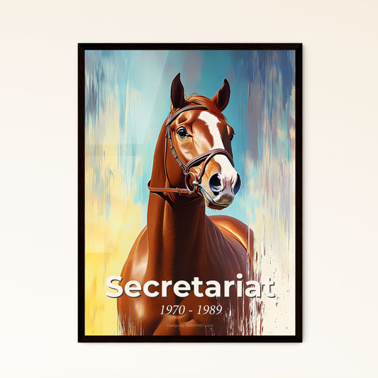 Portrait of Secretariat, 1970 - 1989. Impressionistic painting of a horse with a bridle.