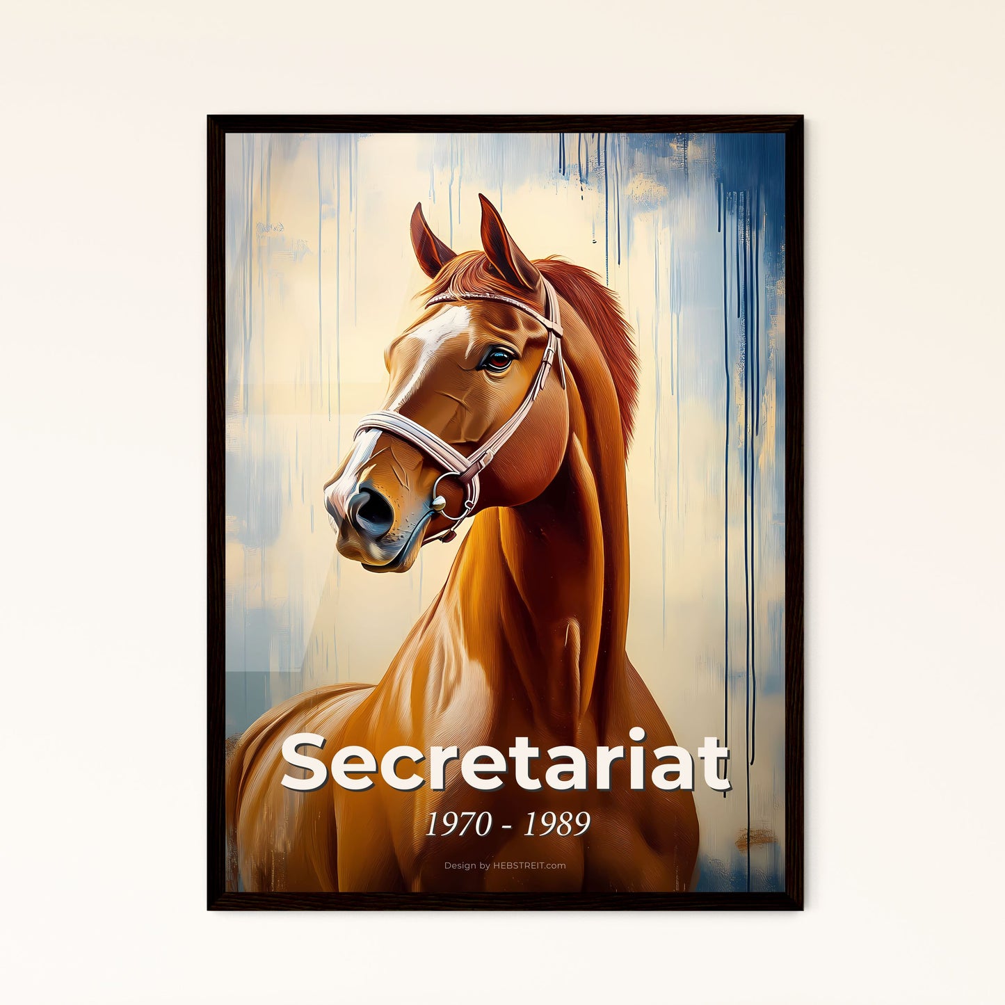 Portrait of Secretariat, 1970 - 1989. Impressionistic painting of a horse with a bridle.