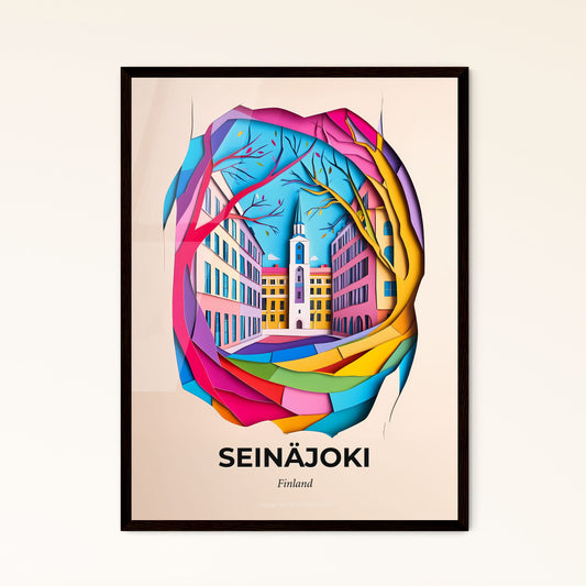 Vivid Seinäjoki, Finland - a colorful paper cut of a city with a clock tower