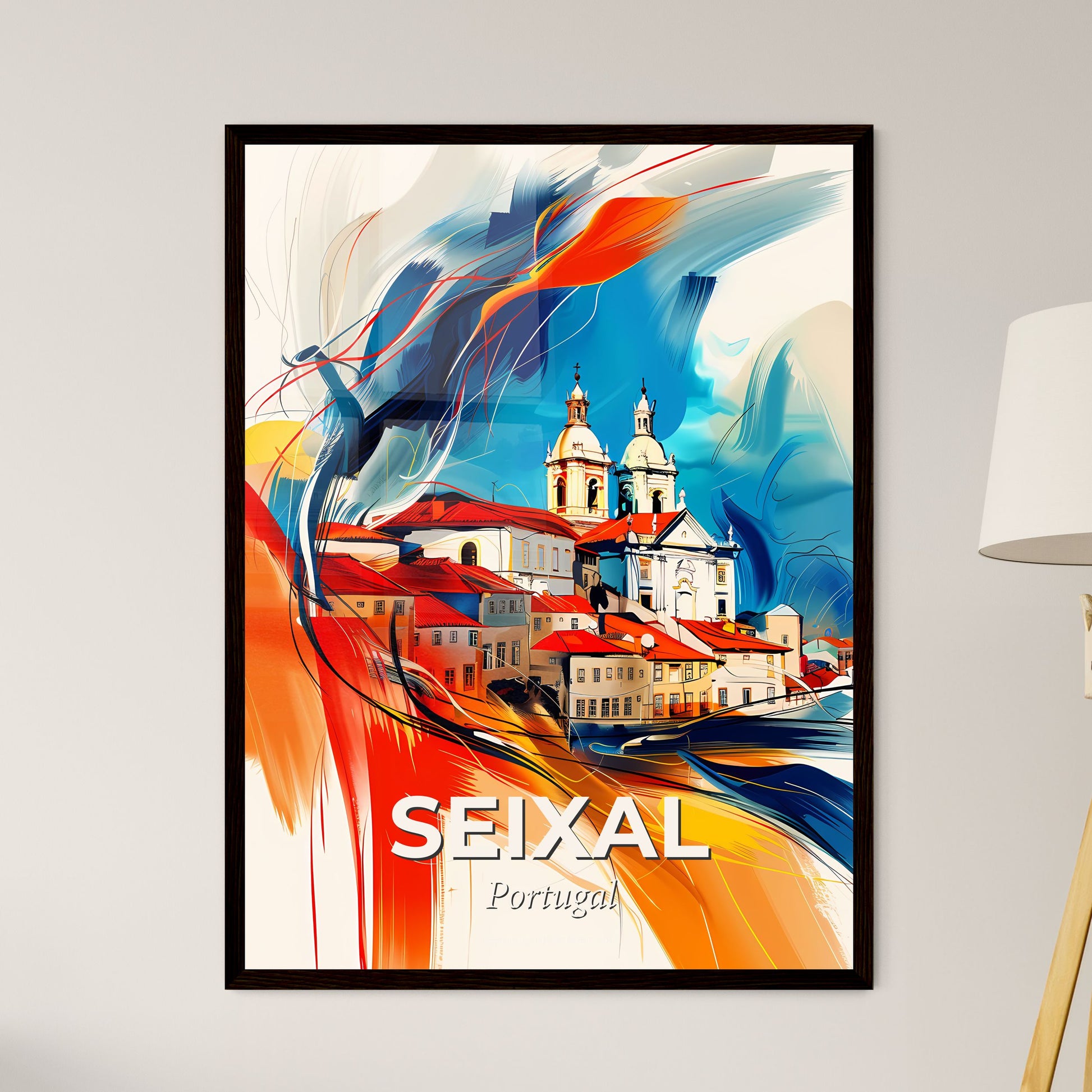 Vibrant Seixal, Portugal - A Painting Of A Town With A Church And A Building