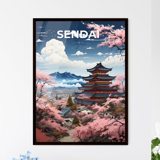 Sendai City Skyline Art - Building with Pagoda and Cherry Blossoms in Vibrant Painting Default Title