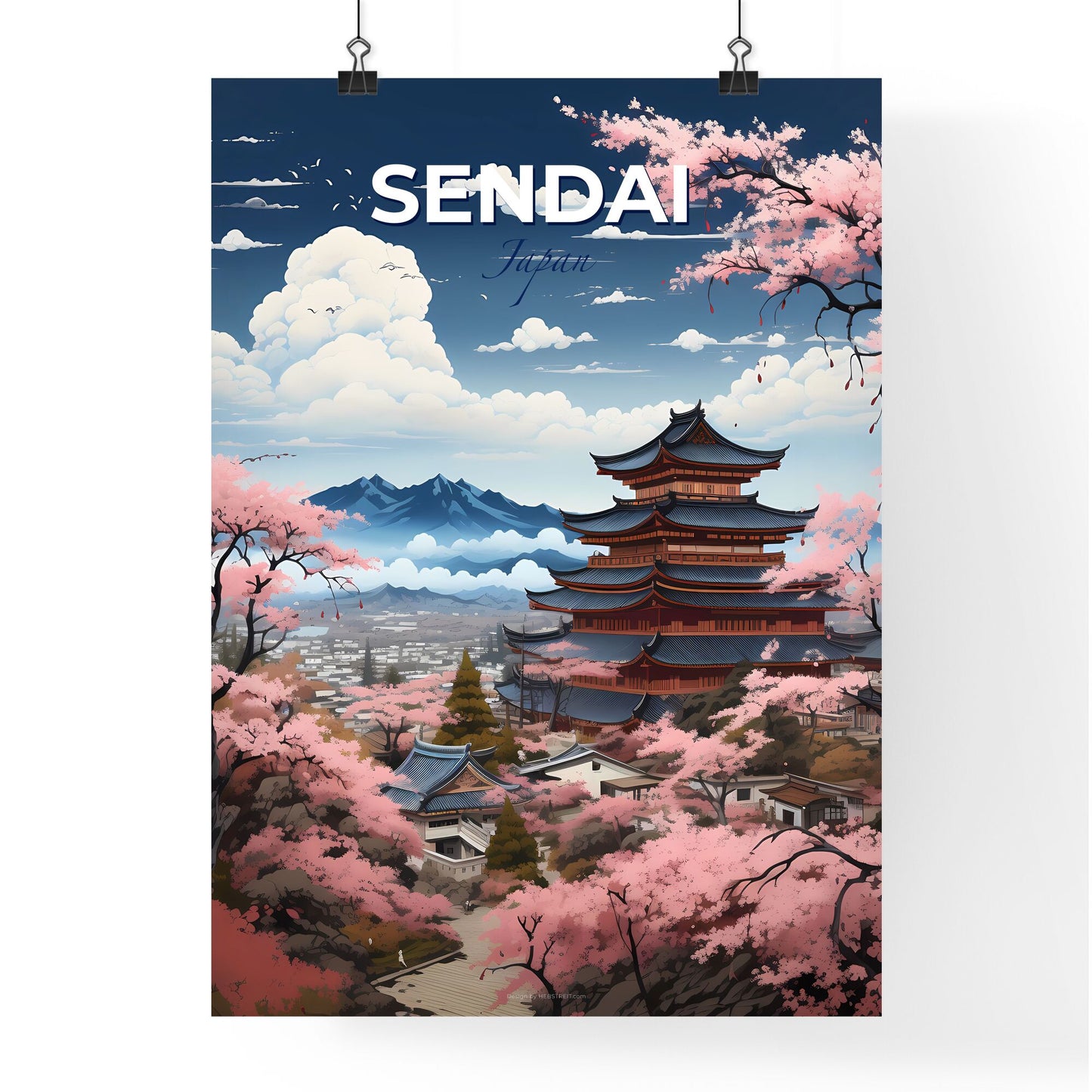 Sendai City Skyline Art - Building with Pagoda and Cherry Blossoms in Vibrant Painting Default Title