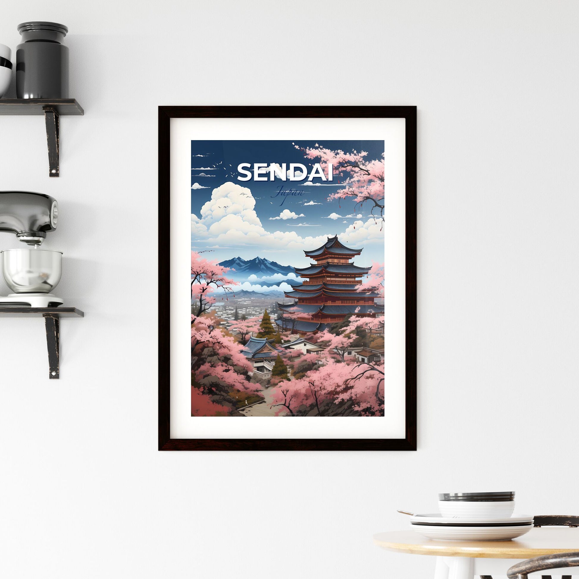 Sendai City Skyline Art - Building with Pagoda and Cherry Blossoms in Vibrant Painting Default Title