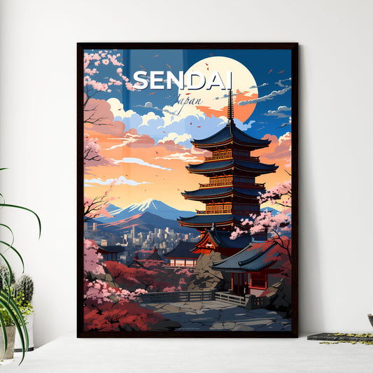 Sendai Cityscape with Pagoda and Blooming Cherry Blossoms - Traditional Japanese Artwork Default Title