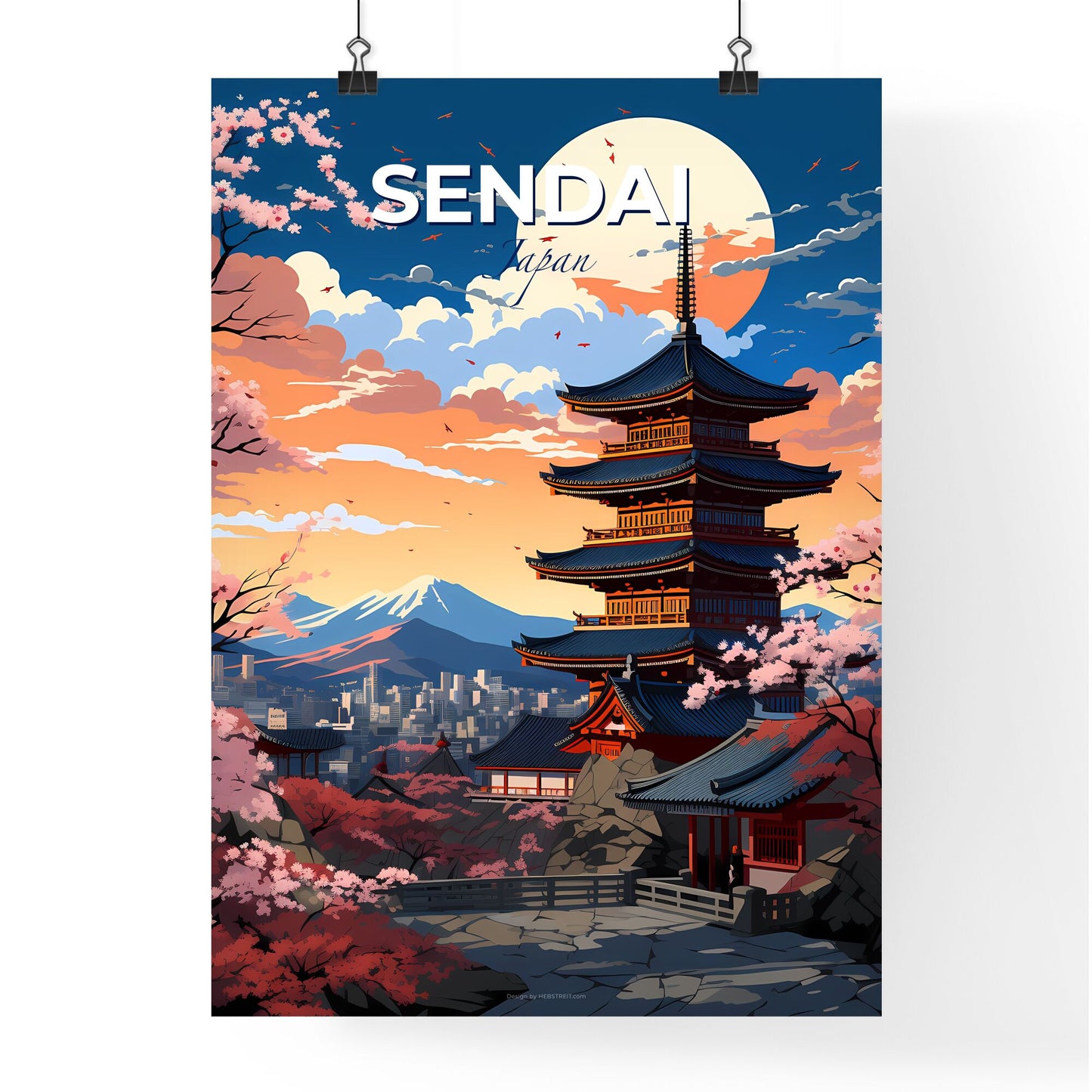 Sendai Cityscape with Pagoda and Blooming Cherry Blossoms - Traditional Japanese Artwork Default Title