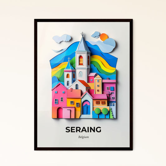 Vivid Seraing, Belgium - a paper cut of a church with a rainbow sky