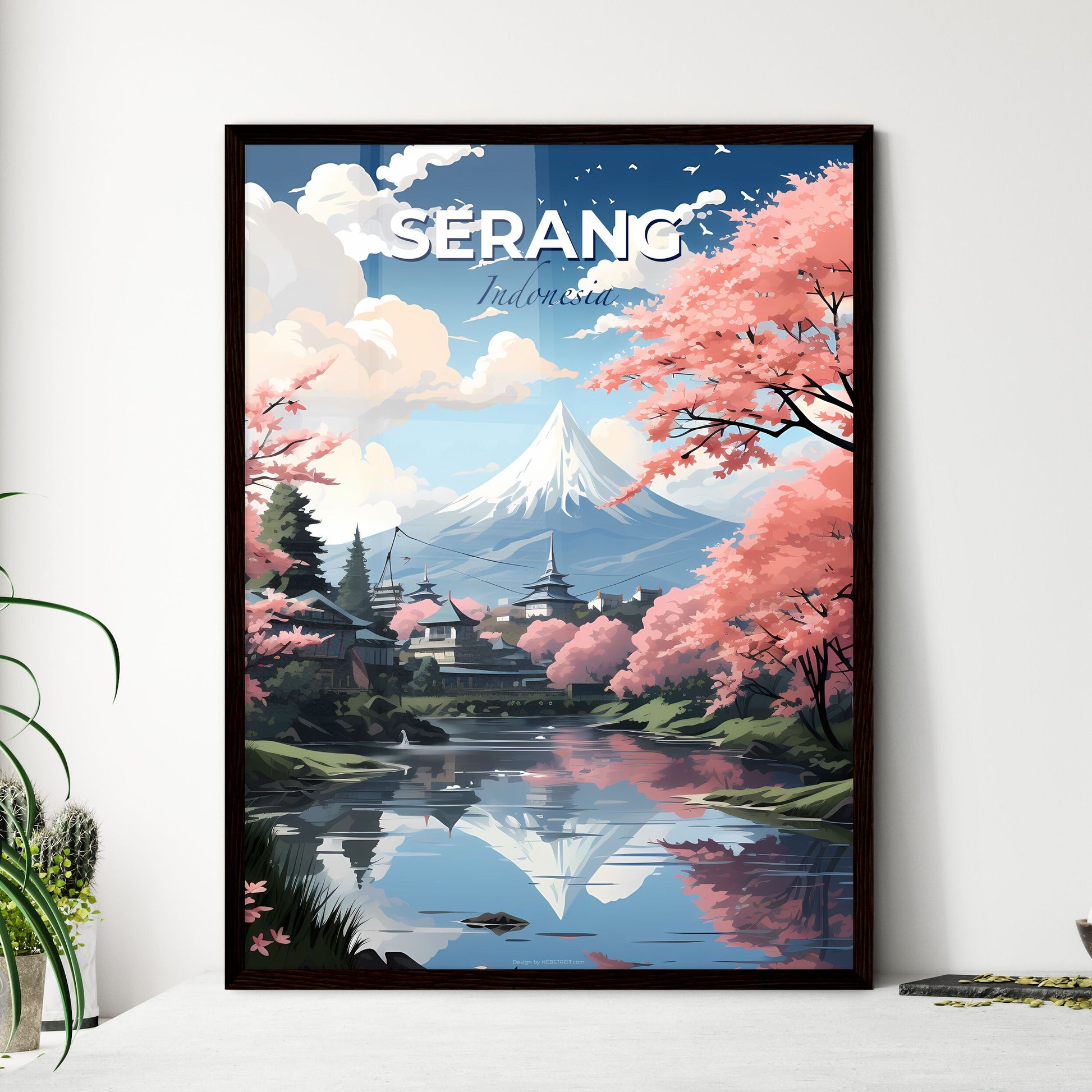 Stunning Hand-Painted Serang Indonesia Skyline with Vibrant Pink Blossoms and Majestic Mountain Default Title