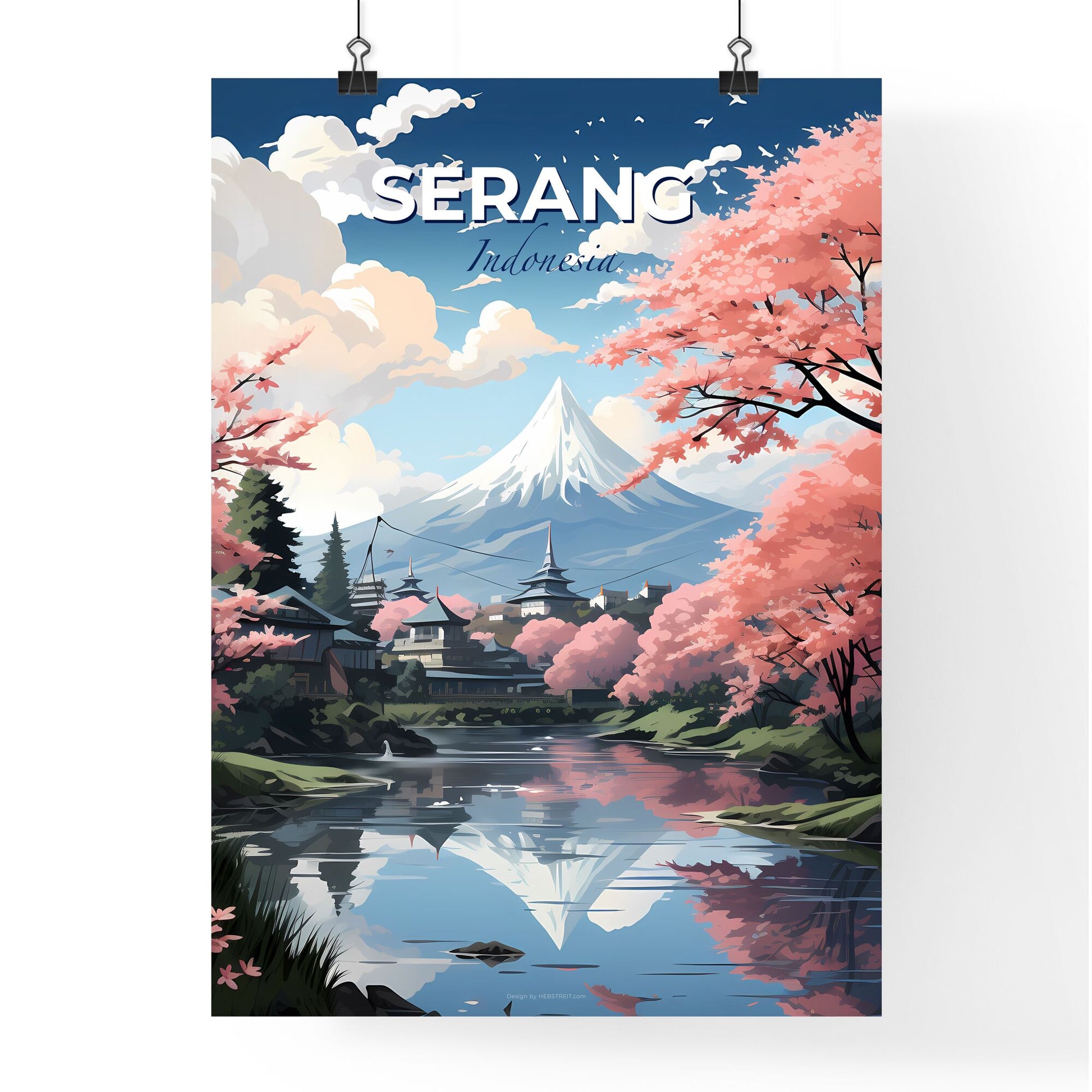 Stunning Hand-Painted Serang Indonesia Skyline with Vibrant Pink Blossoms and Majestic Mountain Default Title