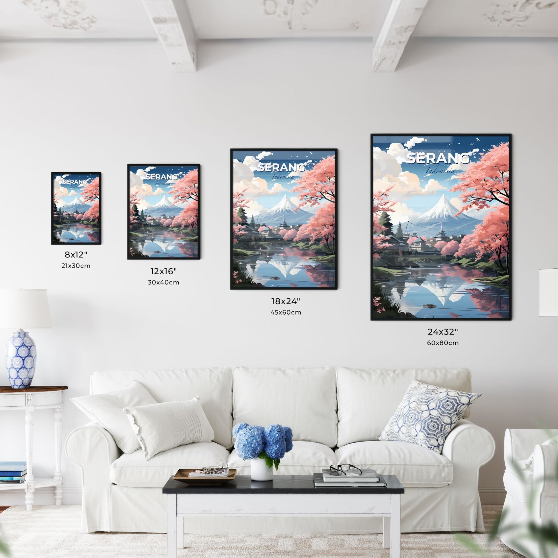 Stunning Hand-Painted Serang Indonesia Skyline with Vibrant Pink Blossoms and Majestic Mountain Default Title