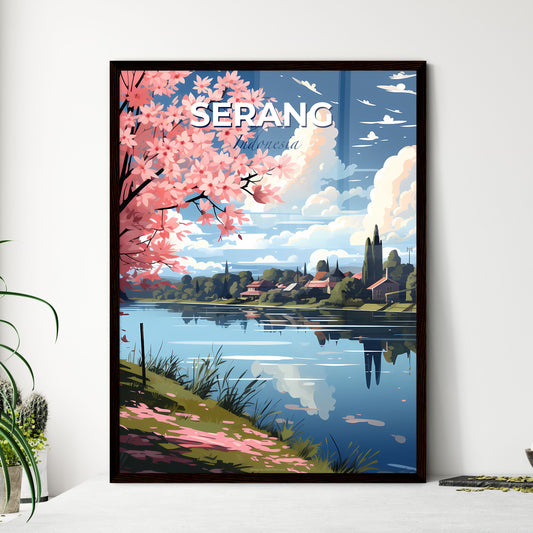 Vibrant Watercolor Painting of Serang Indonesia Skyline with Pink Flowers and Houses Default Title