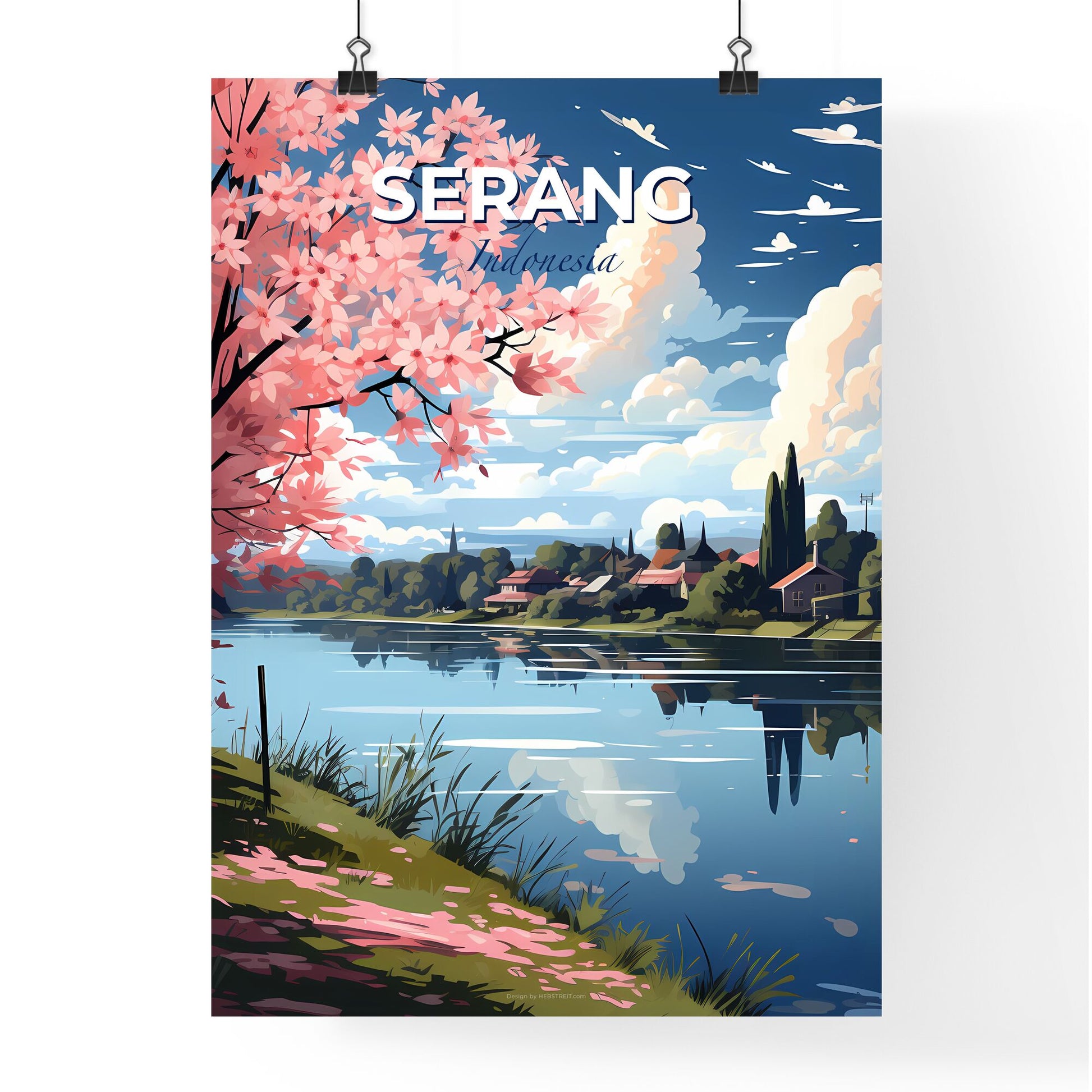 Vibrant Watercolor Painting of Serang Indonesia Skyline with Pink Flowers and Houses Default Title