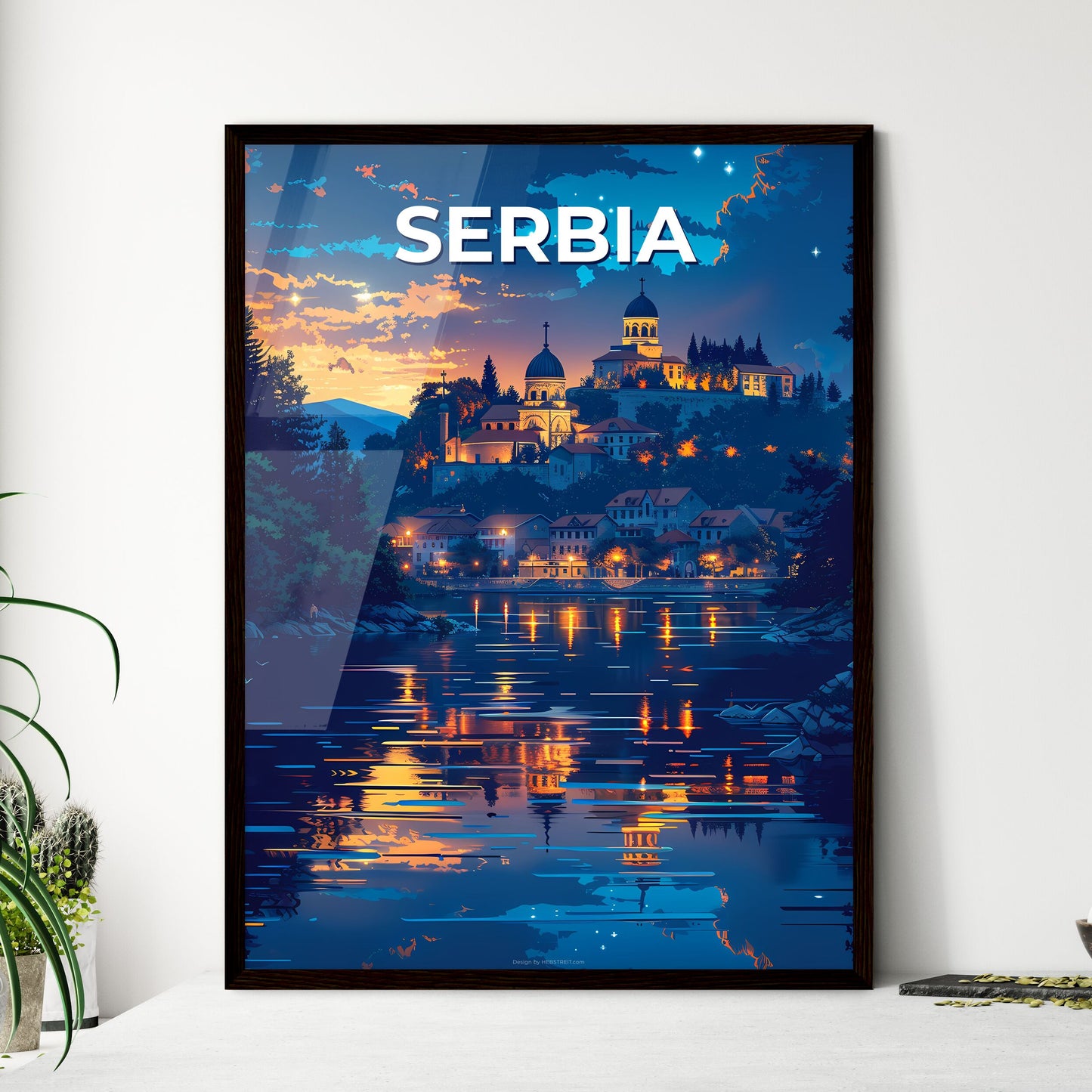 Vibrant Painting of City on Hill with Buildings, Trees, and Body of Water in Serbia, Europe