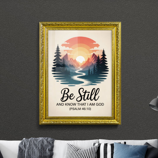 Serene Landscape with Inspirational Quote: 'Be Still and Know That I Am God' – Spiritual and Motivational Design.