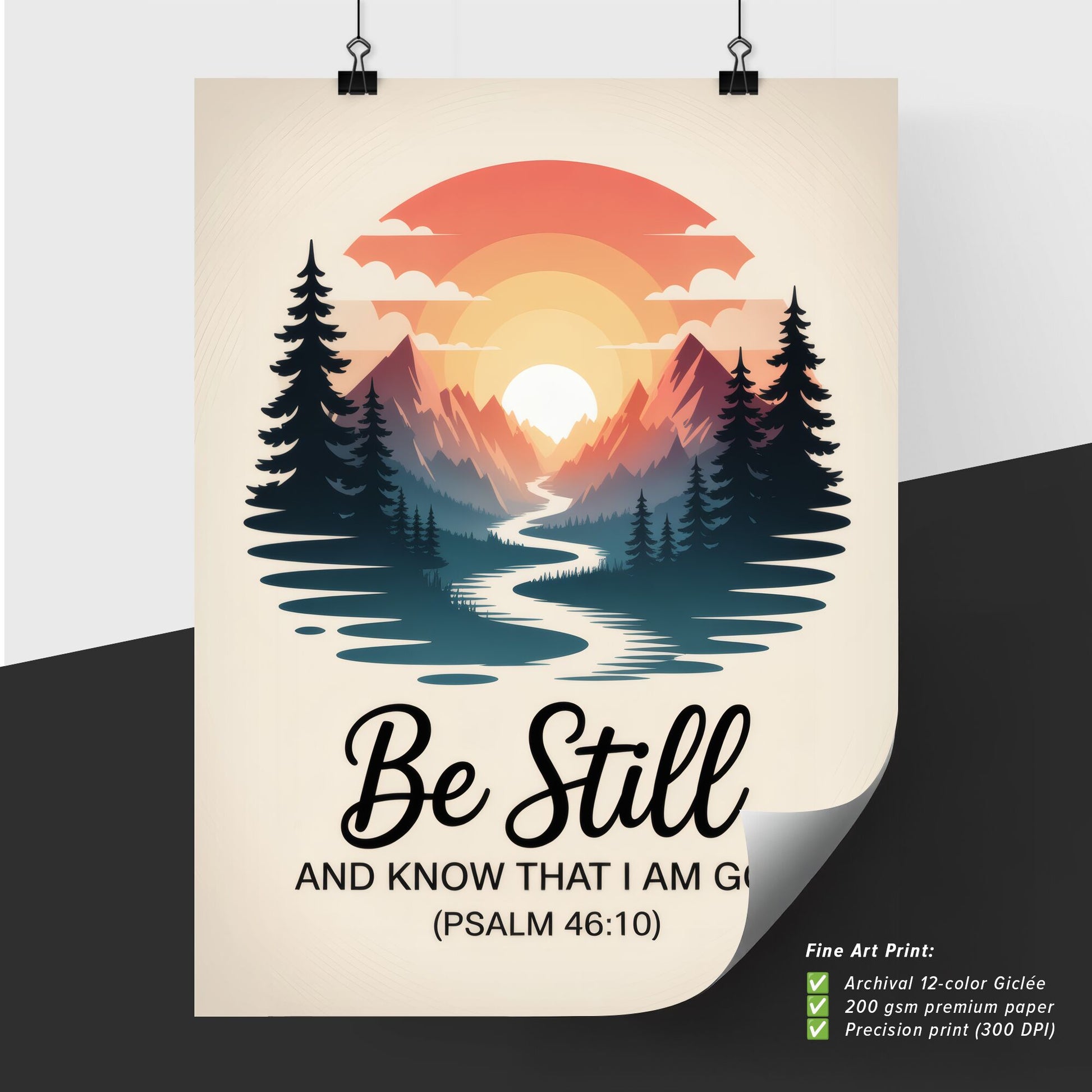 Serene Landscape with Inspirational Quote: 'Be Still and Know That I Am God' – Spiritual and Motivational Design.