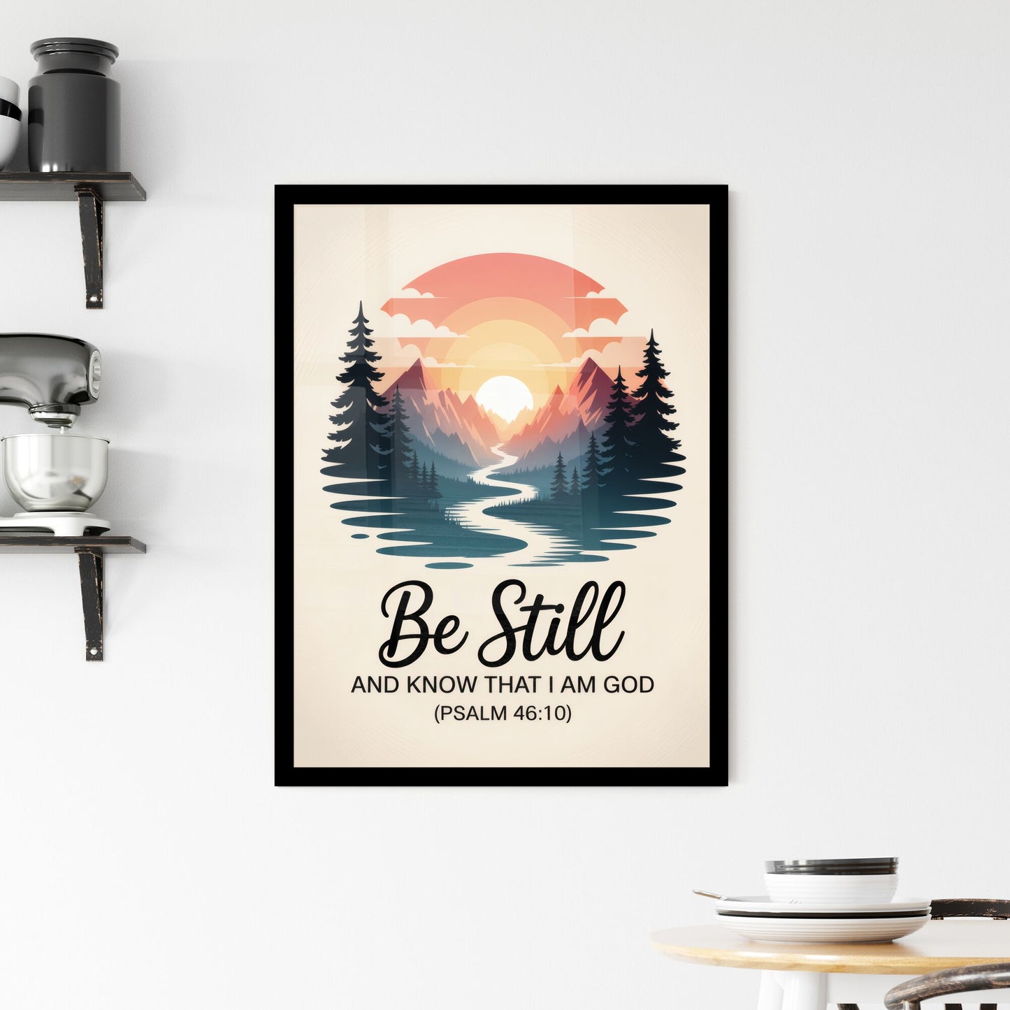 Serene Landscape with Inspirational Quote: 'Be Still and Know That I Am God' – Spiritual and Motivational Design. Framed Print