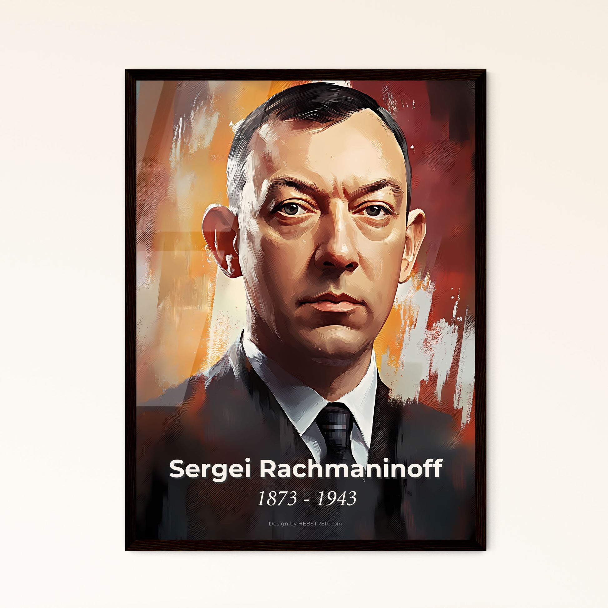 Portrait of Sergei Rachmaninoff, 1873 - 1943. Impressionistic painting of a man in a suit and tie.