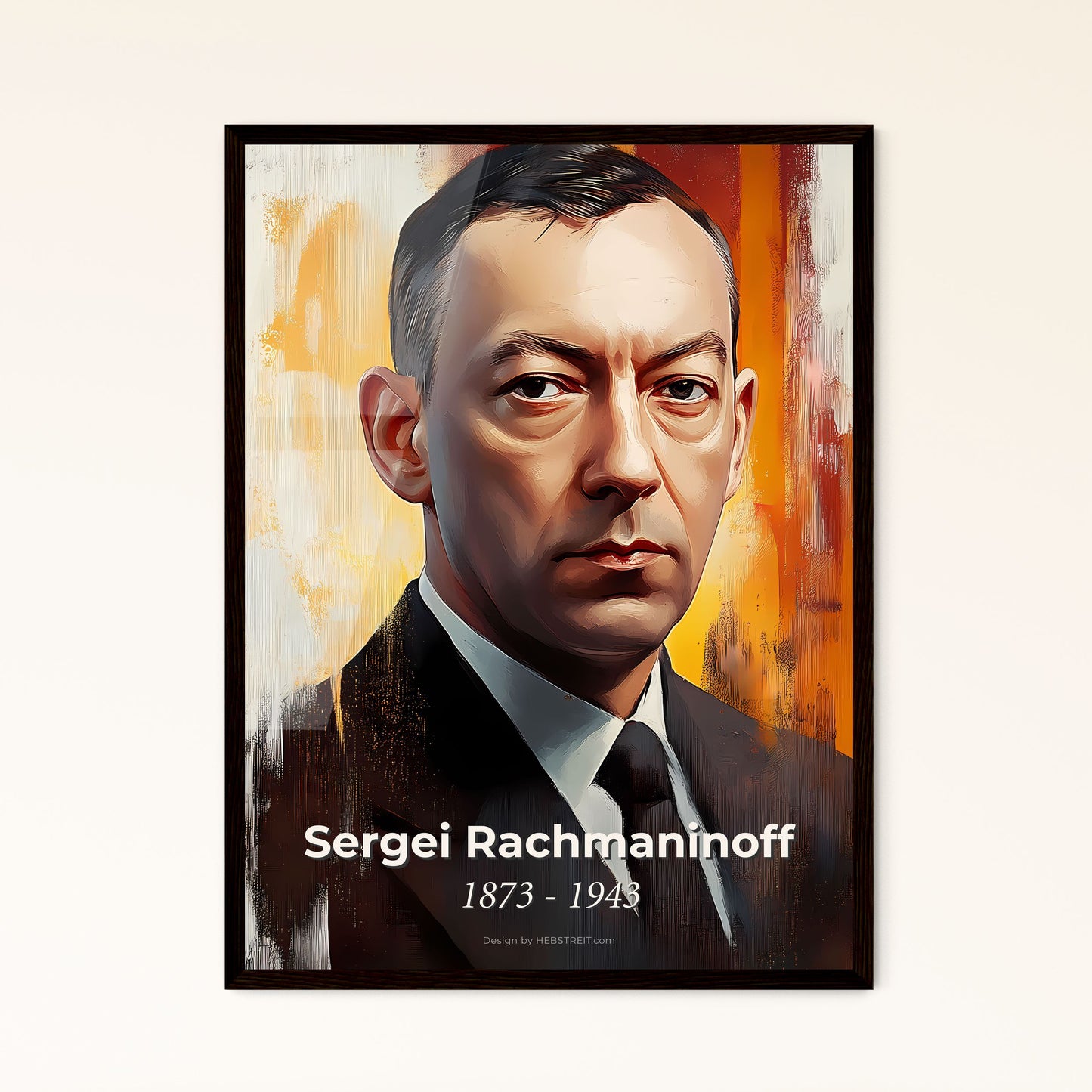 Portrait of Sergei Rachmaninoff, 1873 - 1943. Impressionistic painting of a man in a suit and tie.