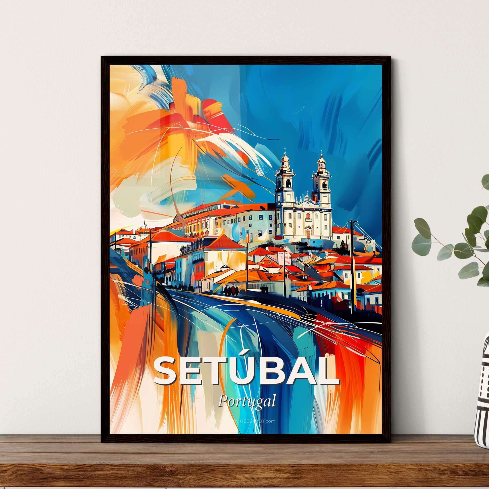 Vibrant Setúbal, Portugal - A Painting Of A Town With A Church