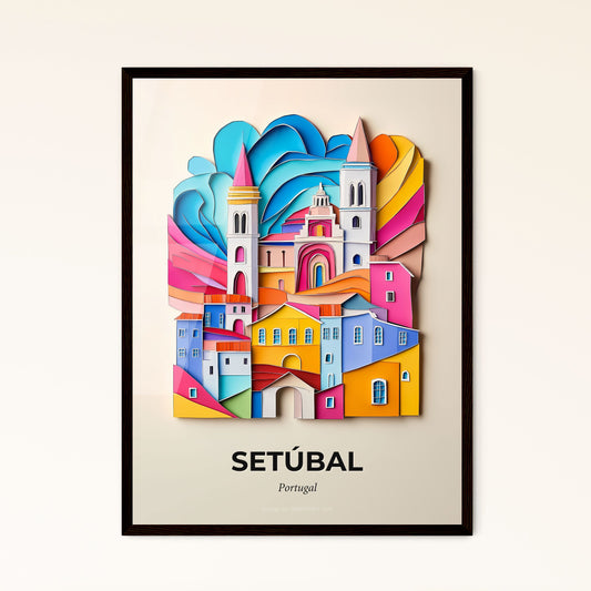 Vivid Setúbal, Portugal - a colorful city with a clock tower and a rainbow colored sky