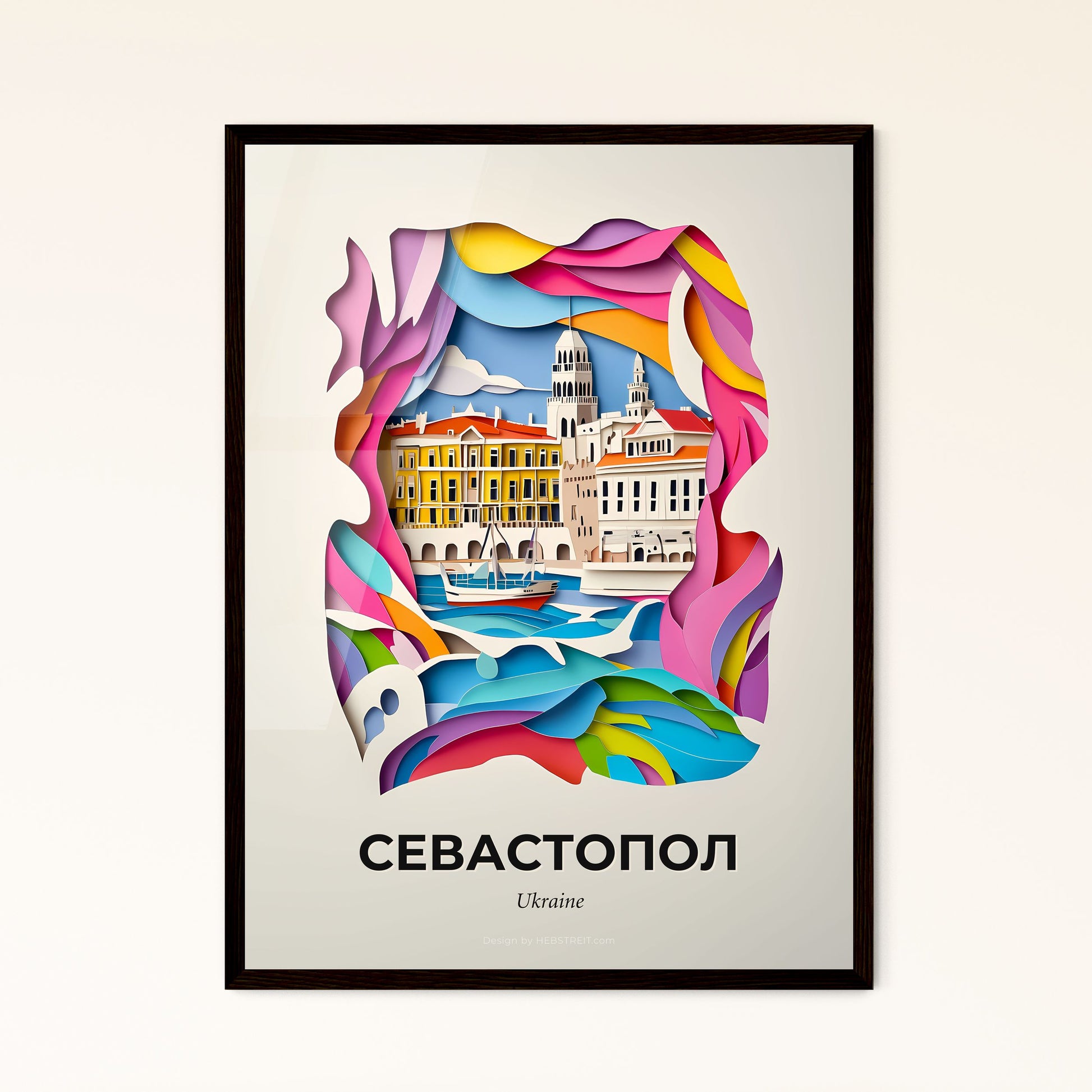 Vivid Sevastopol, Ukraine - a paper cut of a city with a boat in the water