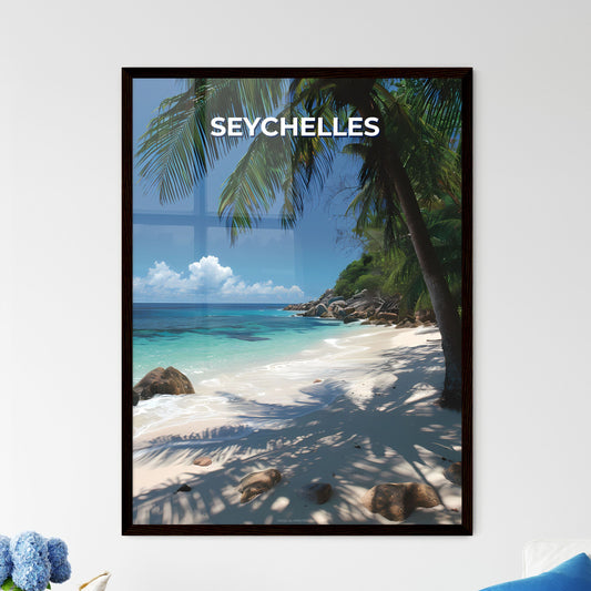 Tropical Serenity: Hand-Painted Beach Paradise with Palm Trees and Rocky Shore, Seychelles, Africa