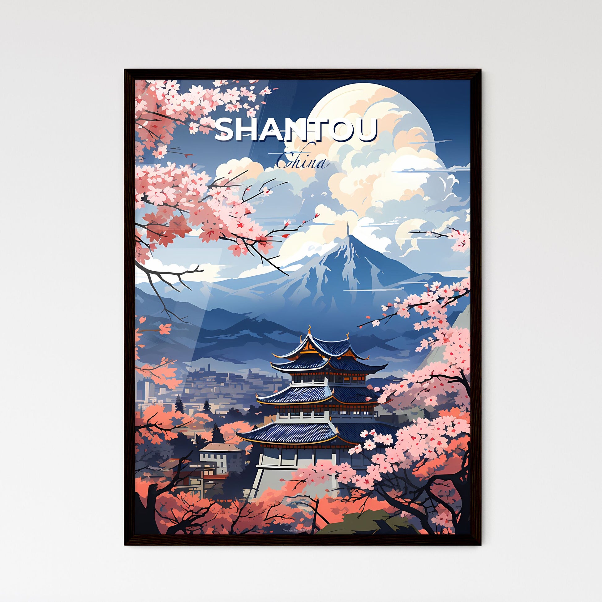 Vibrant Artistic Skyline Painting of Shantou China with Pagoda and Cherry Blossoms Against Mountain Landscape Default Title