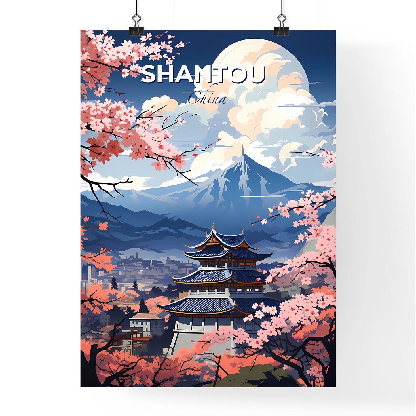 Vibrant Artistic Skyline Painting of Shantou China with Pagoda and Cherry Blossoms Against Mountain Landscape Default Title