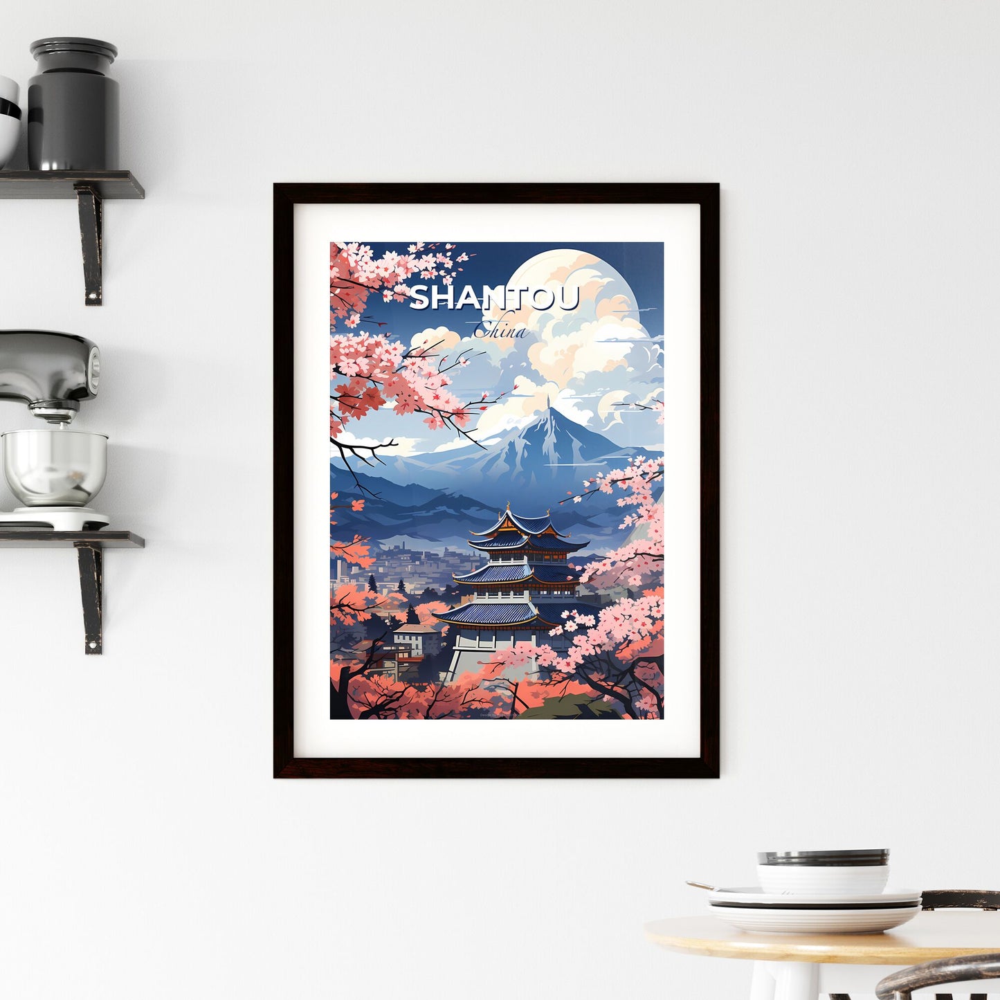 Vibrant Artistic Skyline Painting of Shantou China with Pagoda and Cherry Blossoms Against Mountain Landscape Default Title