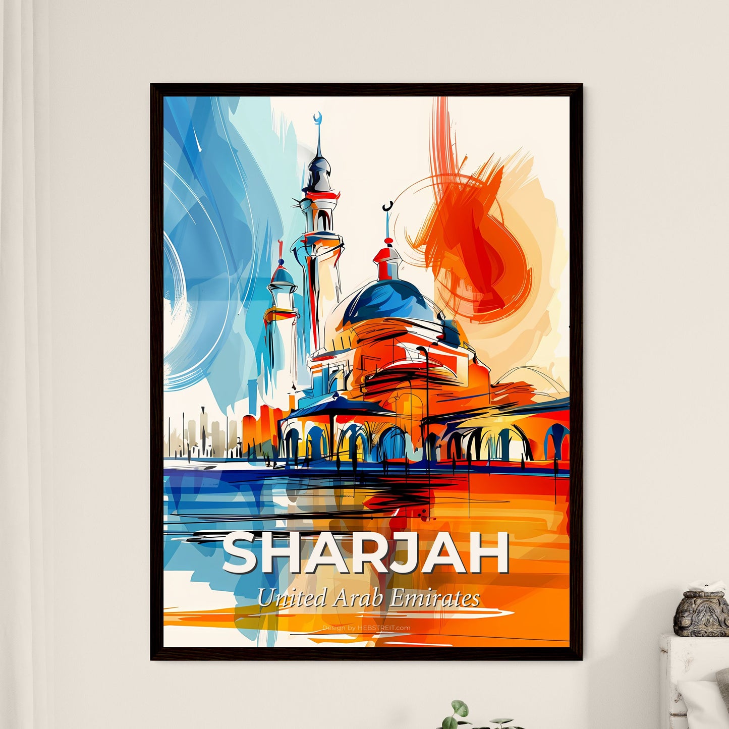 Vibrant Sharjah  , United Arab Emirates - A Painting Of A Building With Towers And A Blue And Orange Background