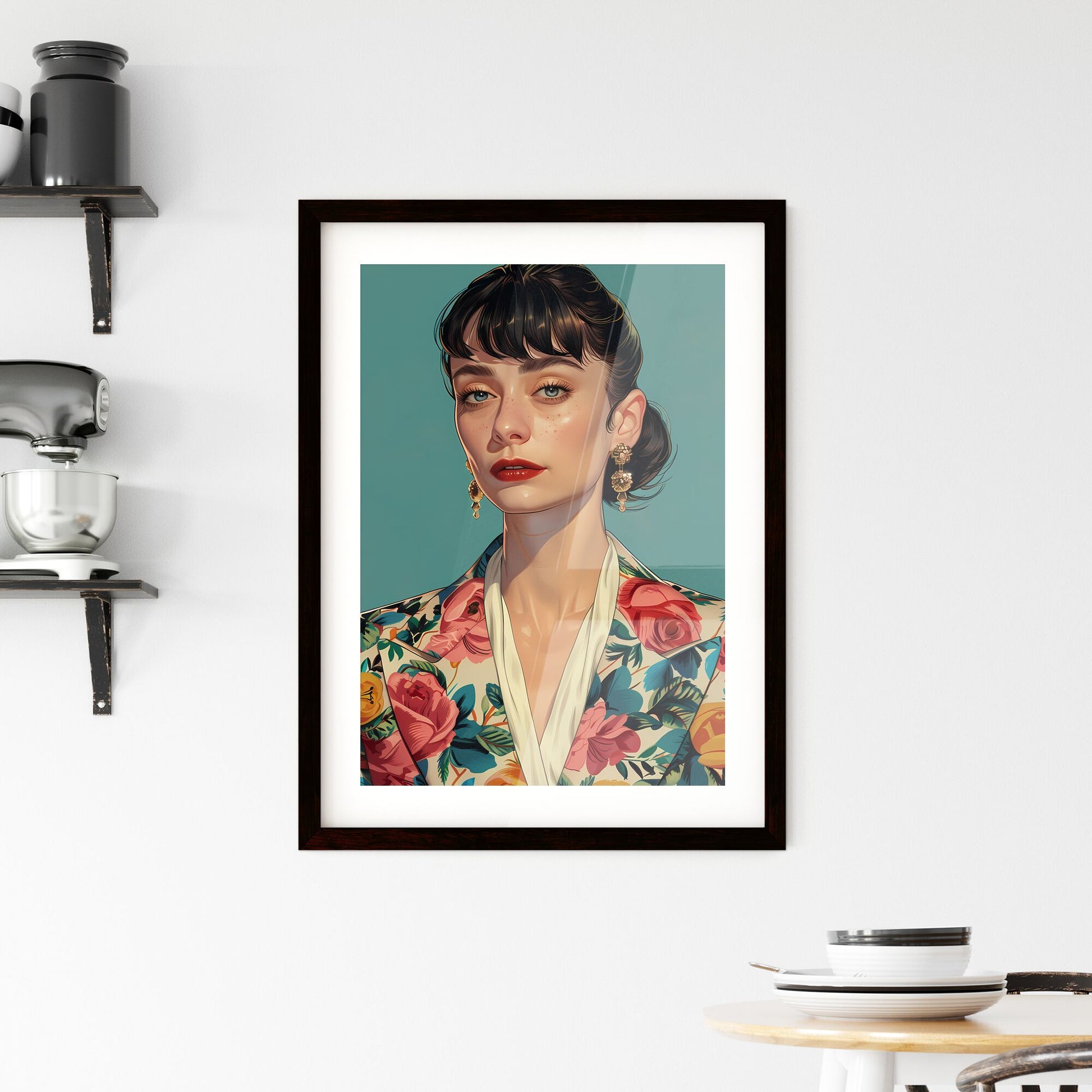 Vibrant Neo-Pop Art Illustration of a Freckled Woman in a Floral Pastel Blazer, Miwa Komatsu Inspired, Simple Digital Art Character, Flat Illustration Default Title