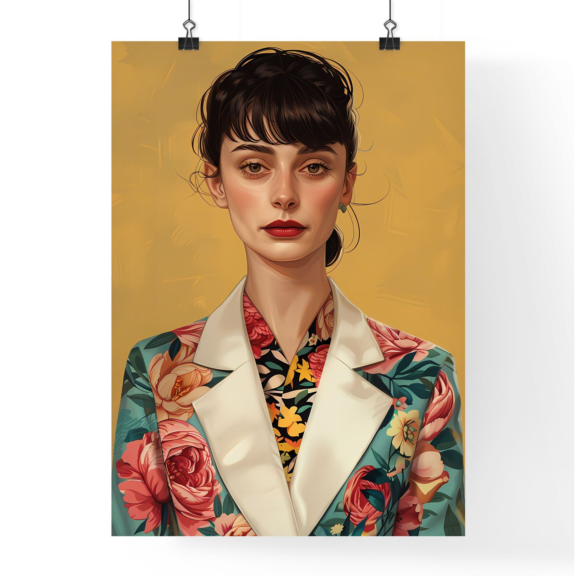 Vibrant Pastel Neo-Pop Art Illustration: Fashionable Woman in Floral Blazer, Cute SD Character, Miwa Komatsu Inspired, Simplified Flat Style Default Title