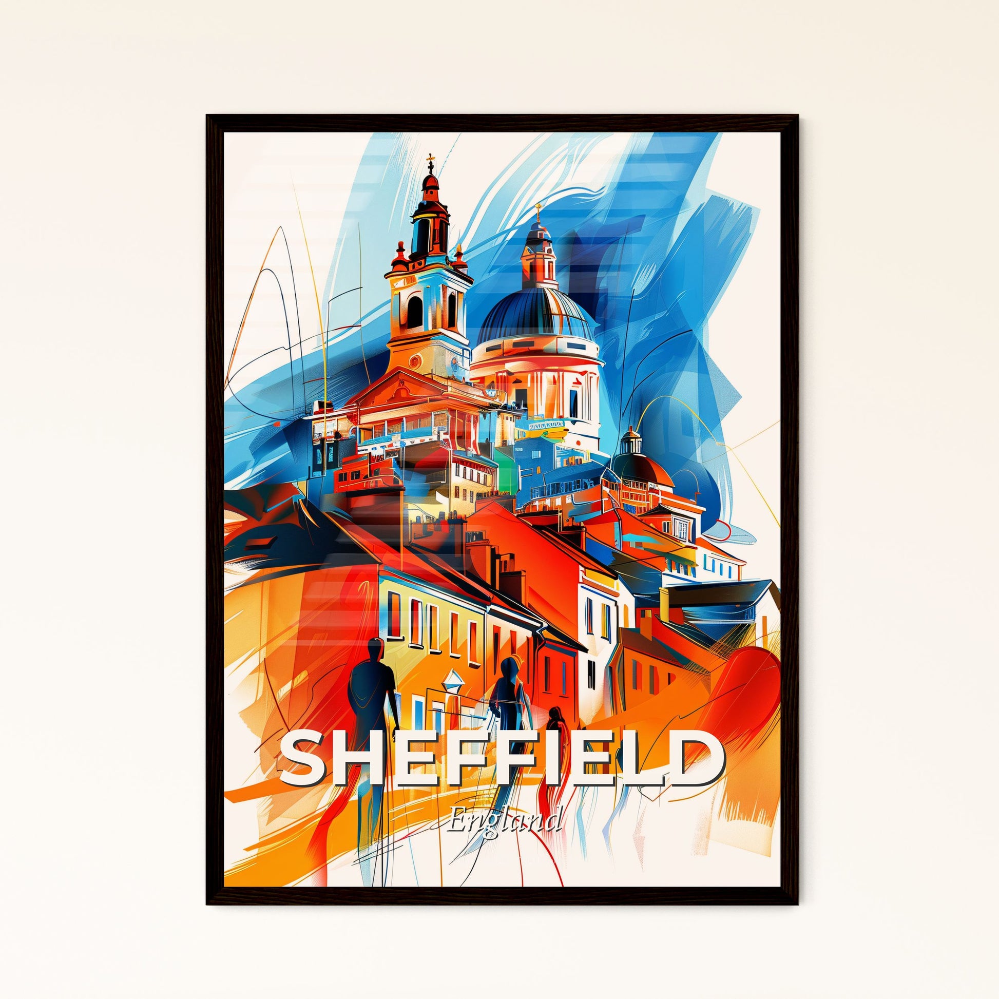 Vibrant Sheffield, England - A Colorful Painting Of Buildings And A Building