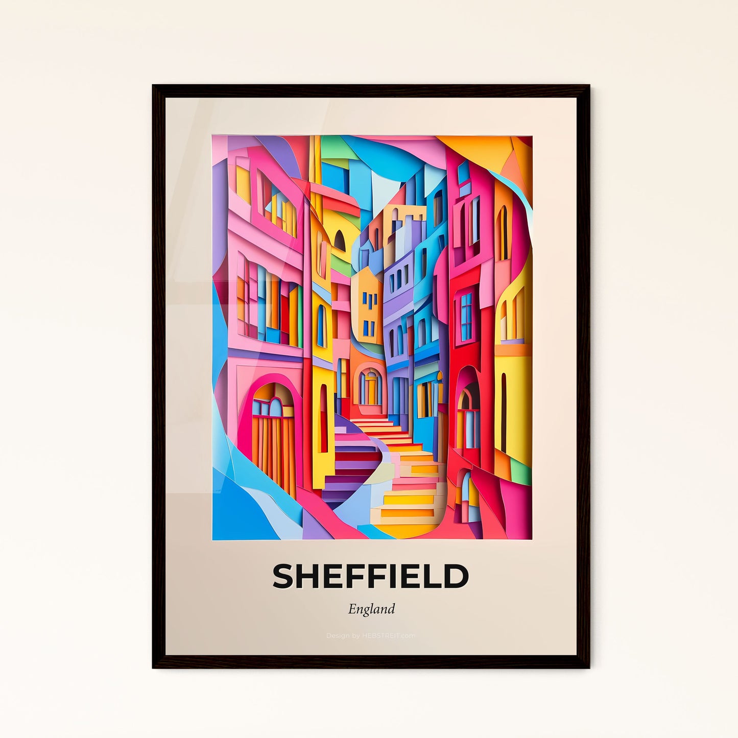 Vivid Sheffield, England - a painting of a colorful city with stairs