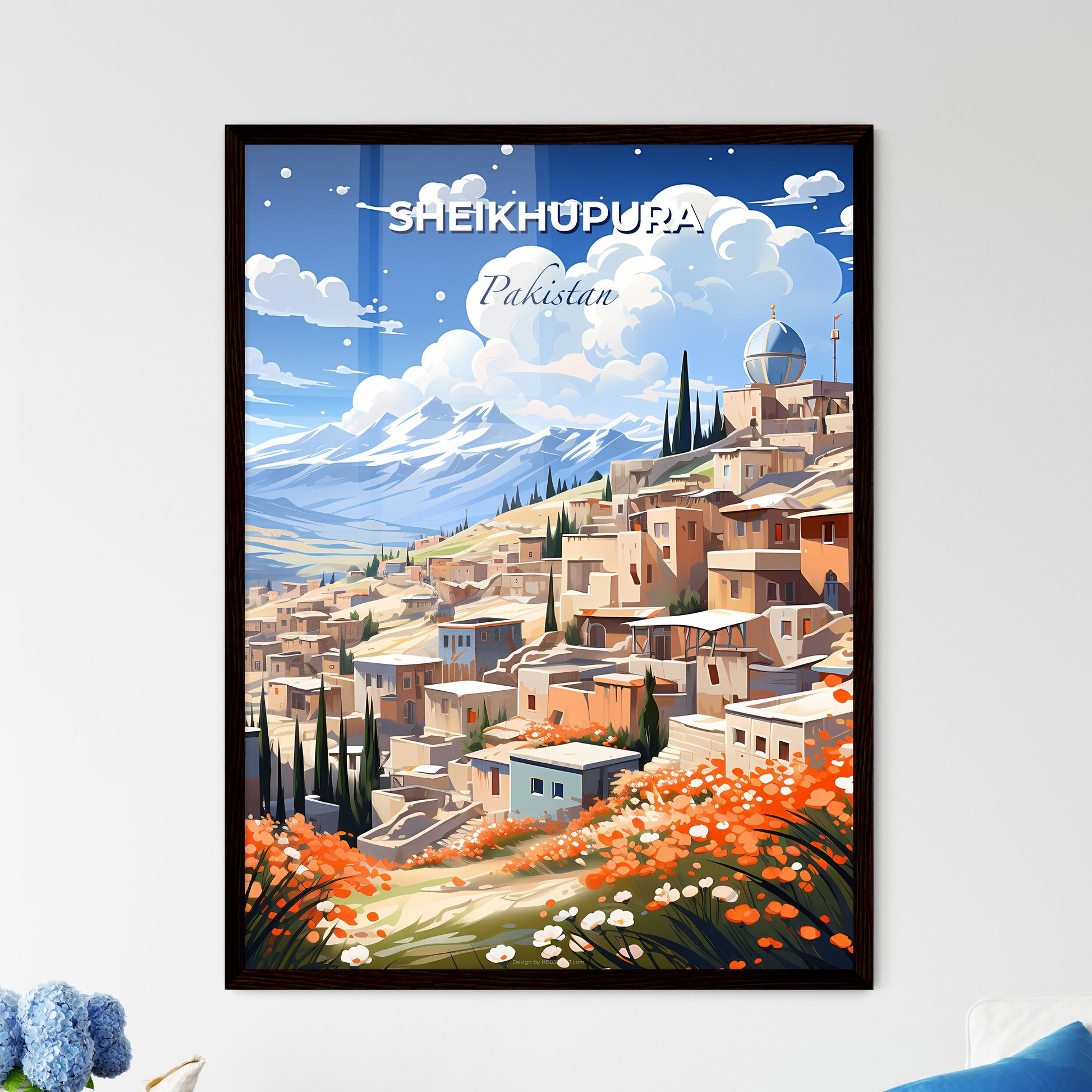 Vibrant City Skyline Painting: Pakistani Art Depicting Sheikhupura's Hilltop Panorama Default Title