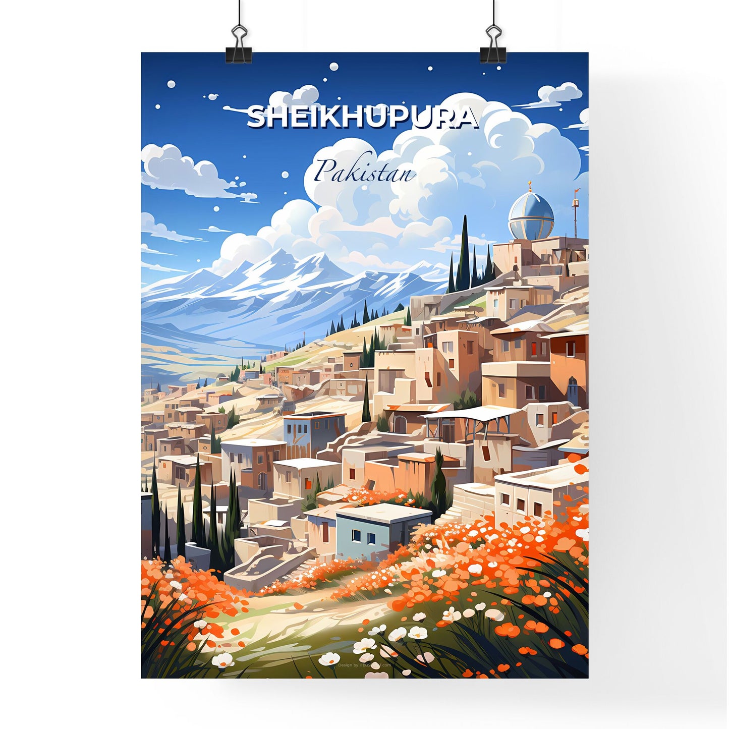 Vibrant City Skyline Painting: Pakistani Art Depicting Sheikhupura's Hilltop Panorama Default Title