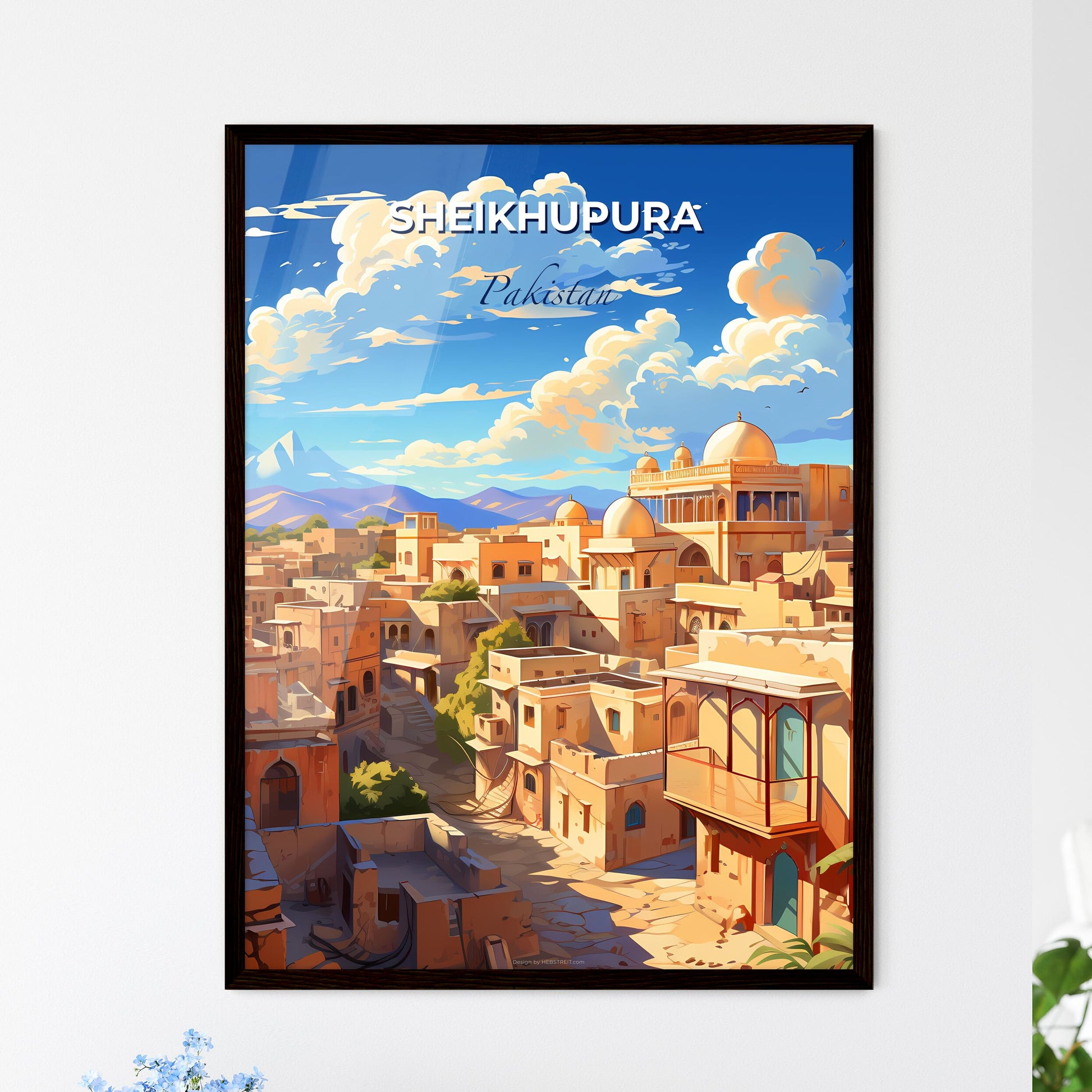 Vibrant Sheikhupura Skyline Painting: City Buildings and Mountains Panorama Default Title