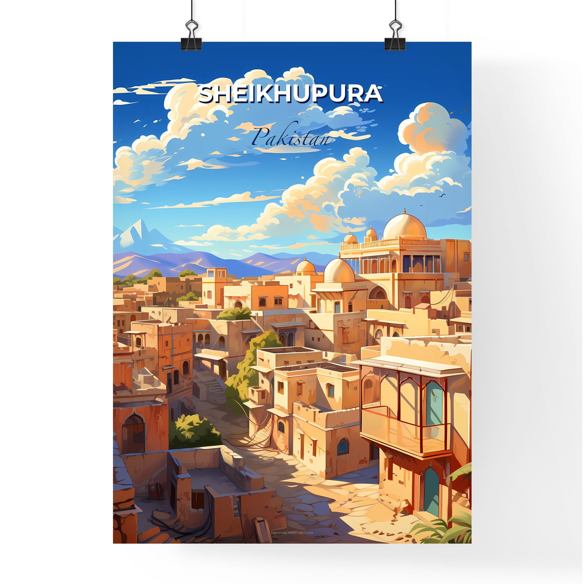 Vibrant Sheikhupura Skyline Painting: City Buildings and Mountains Panorama Default Title