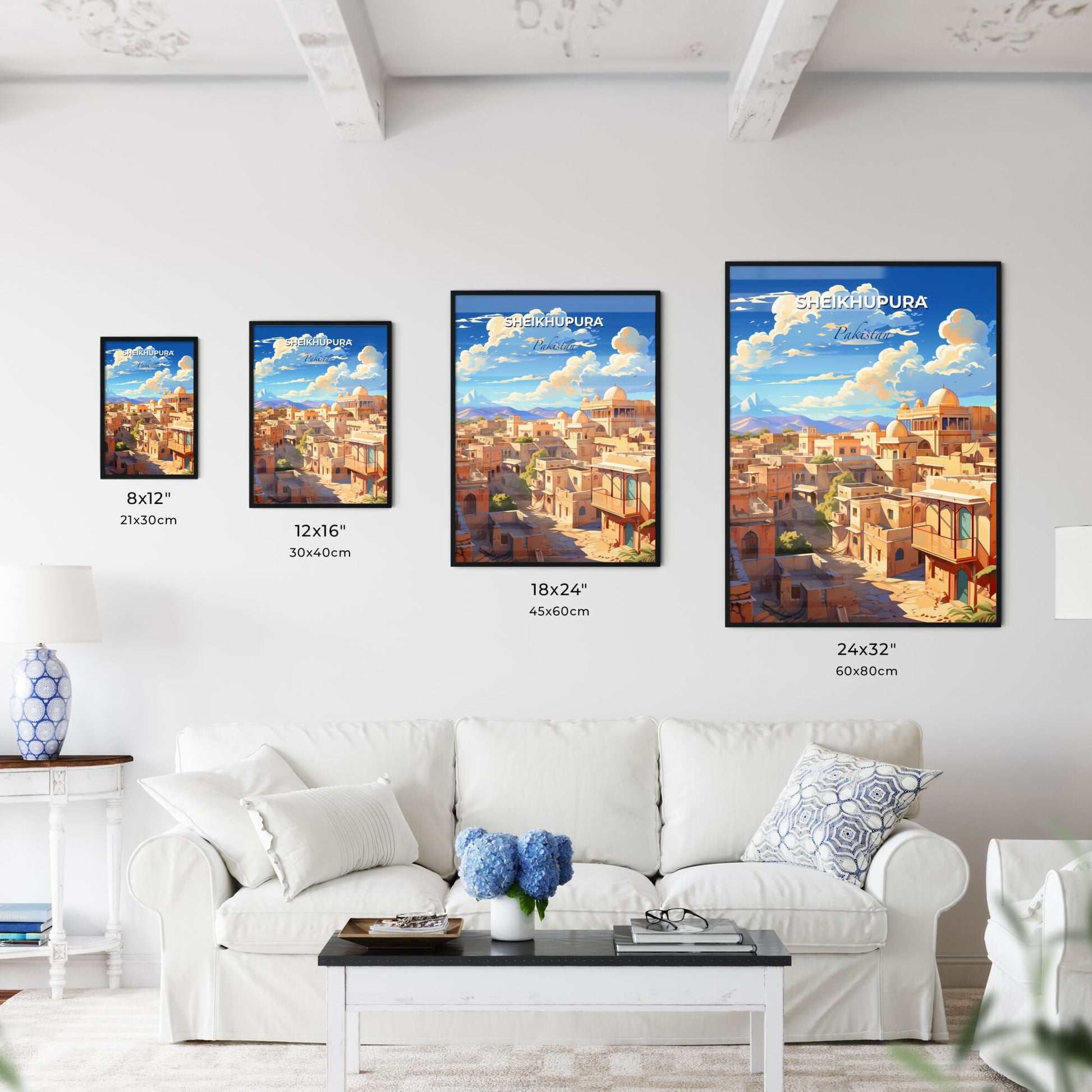 Vibrant Sheikhupura Skyline Painting: City Buildings and Mountains Panorama Default Title