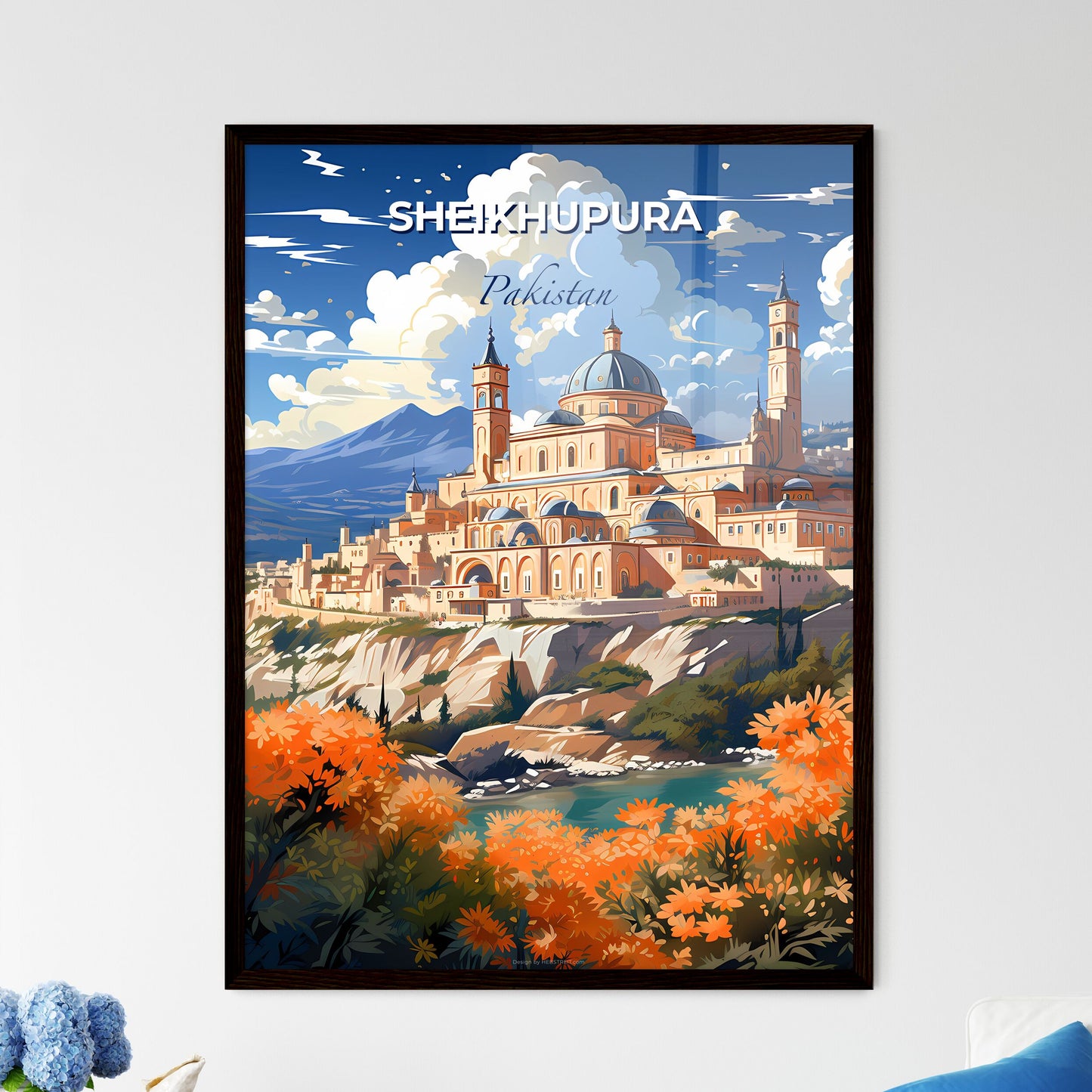 Vibrant Skyline Art Painting Depicting Large Building On Hilltop Adorned with Orange Flowers - Sheikhupura Pakistan Default Title