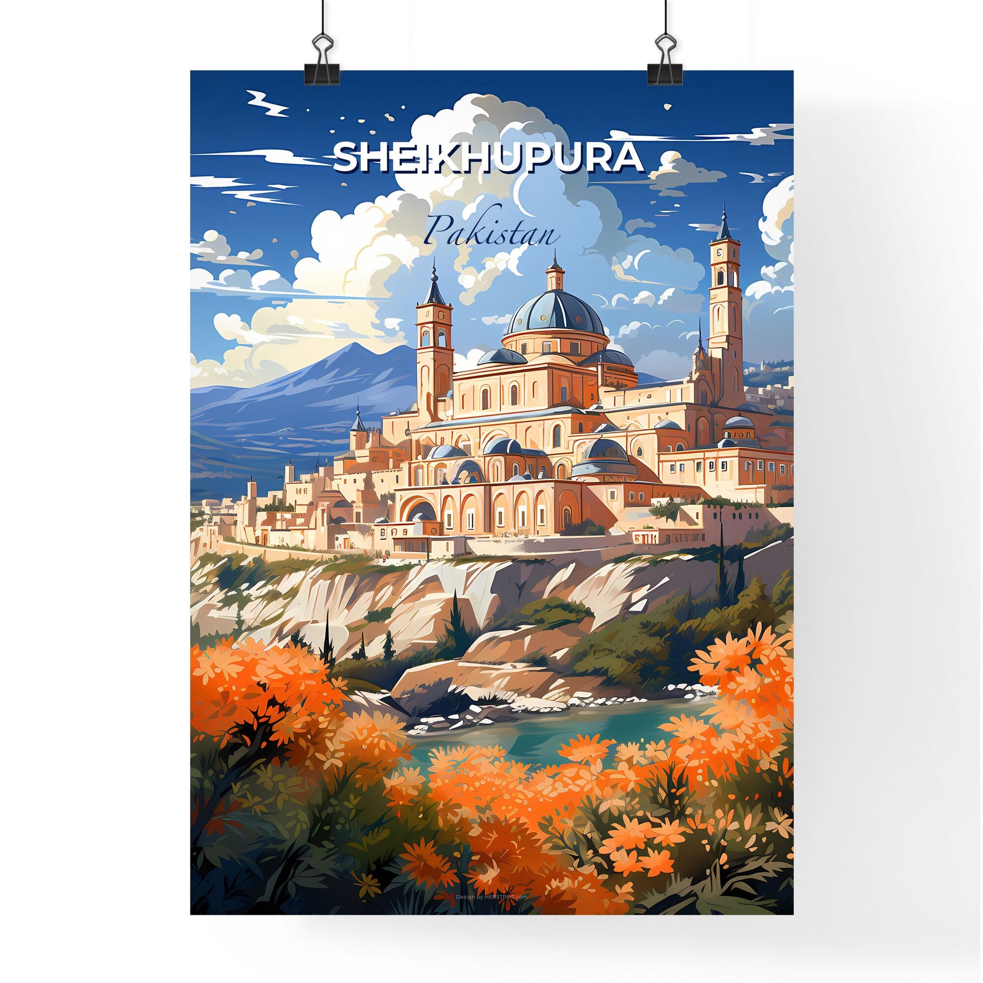 Vibrant Skyline Art Painting Depicting Large Building On Hilltop Adorned with Orange Flowers - Sheikhupura Pakistan Default Title