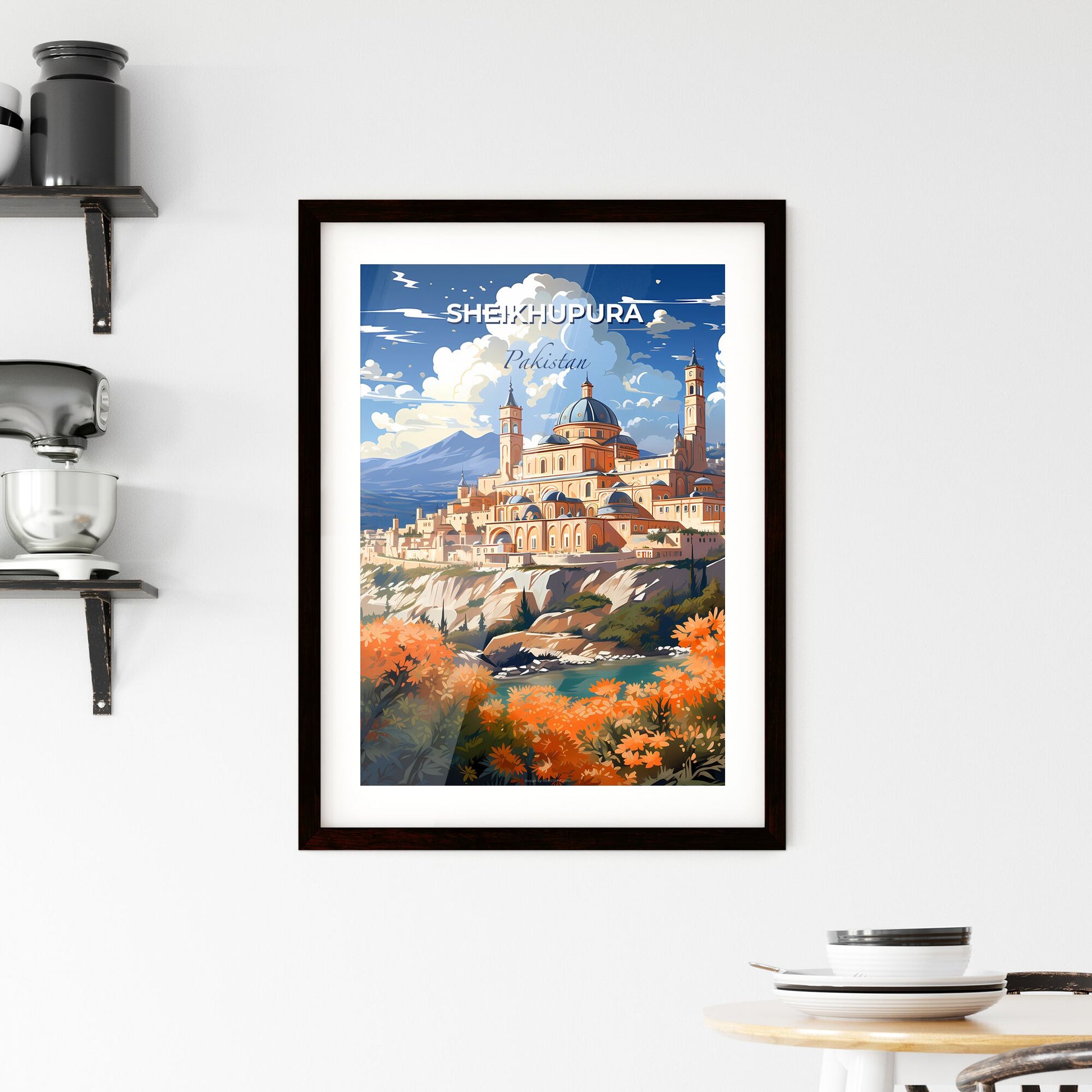 Vibrant Skyline Art Painting Depicting Large Building On Hilltop Adorned with Orange Flowers - Sheikhupura Pakistan Default Title