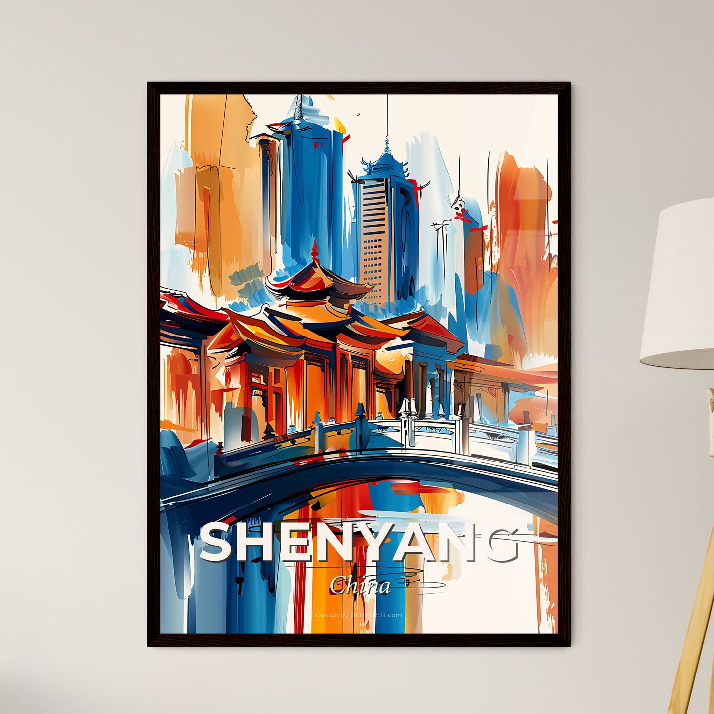 Vibrant Shenyang, China - A Painting Of A Bridge Over A City