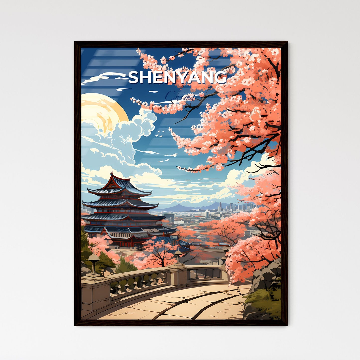 Panoramic Skyline Art Painting of Shenyang China with Pagoda Architecture and Blooming Pink Flowers Default Title