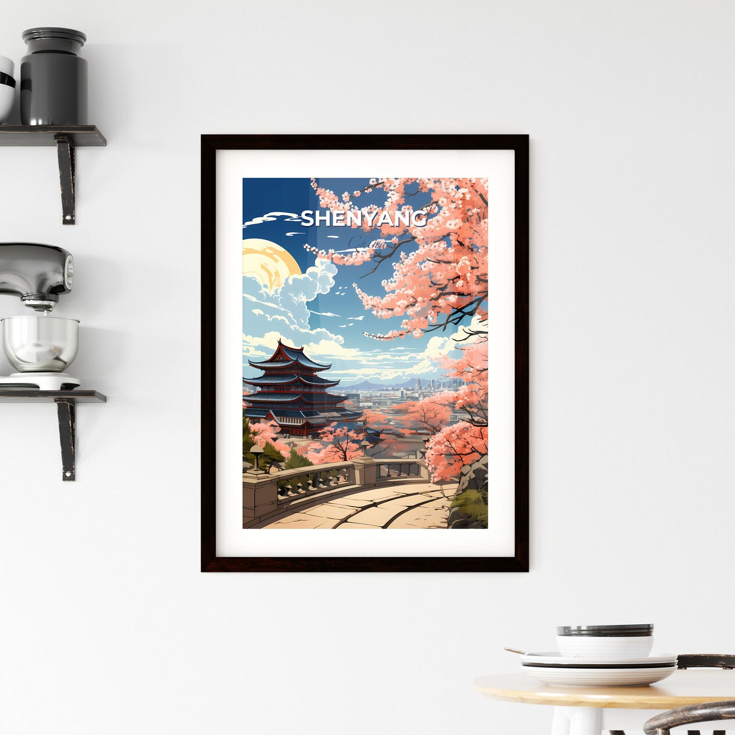 Panoramic Skyline Art Painting of Shenyang China with Pagoda Architecture and Blooming Pink Flowers Default Title