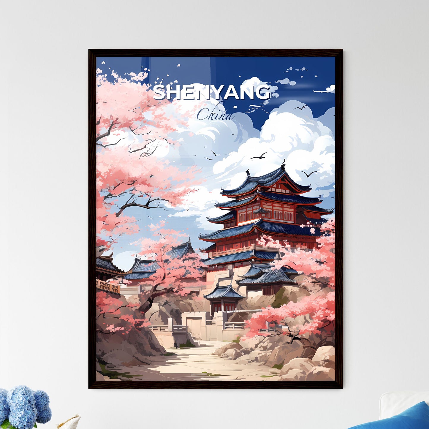 Shenyang China Skyline Art | Vibrant Pagoda Painting | Cherry Blossom Cityscape Default Title