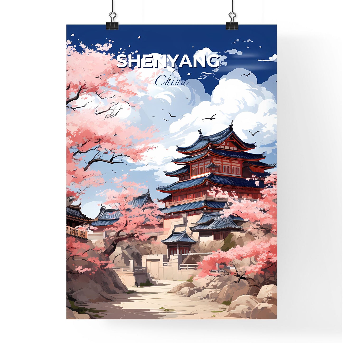 Shenyang China Skyline Art | Vibrant Pagoda Painting | Cherry Blossom Cityscape Default Title