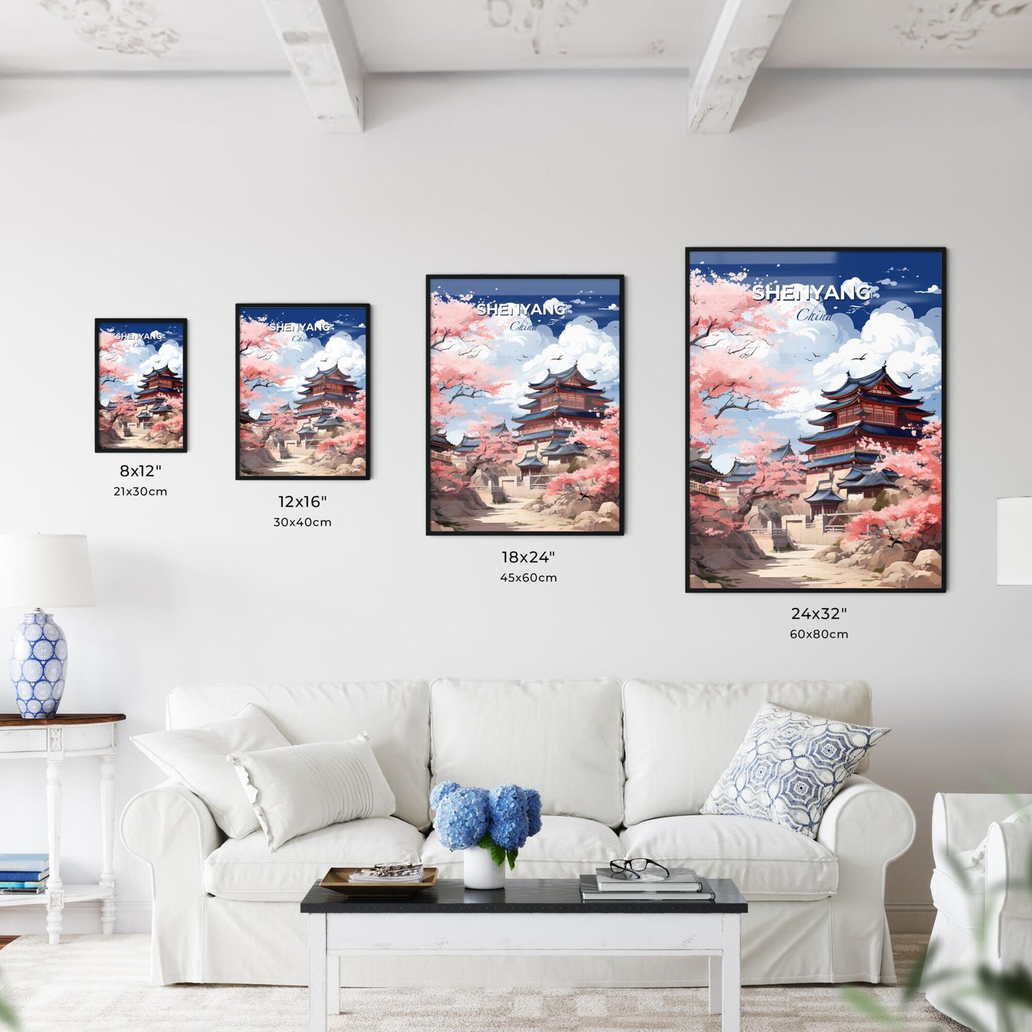 Shenyang China Skyline Art | Vibrant Pagoda Painting | Cherry Blossom Cityscape Default Title