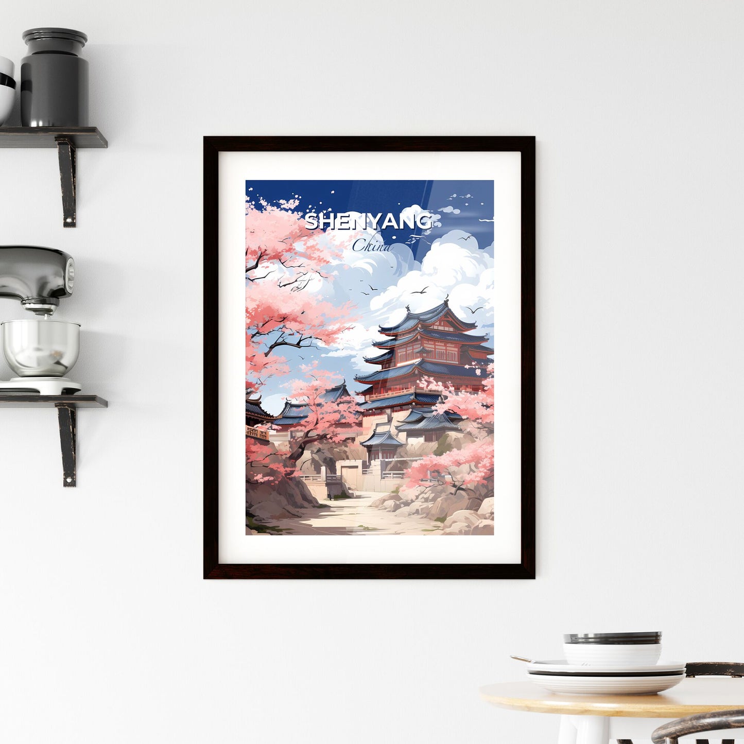 Shenyang China Skyline Art | Vibrant Pagoda Painting | Cherry Blossom Cityscape Default Title