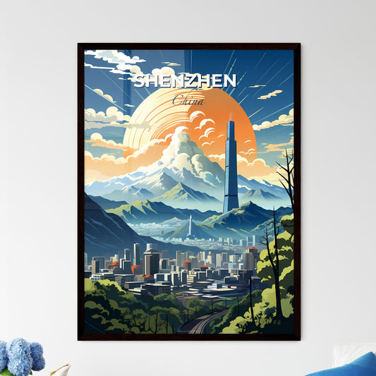 Vibrant Shenzhen Cityscape Painting with Mountains and Trees Landscape Default Title
