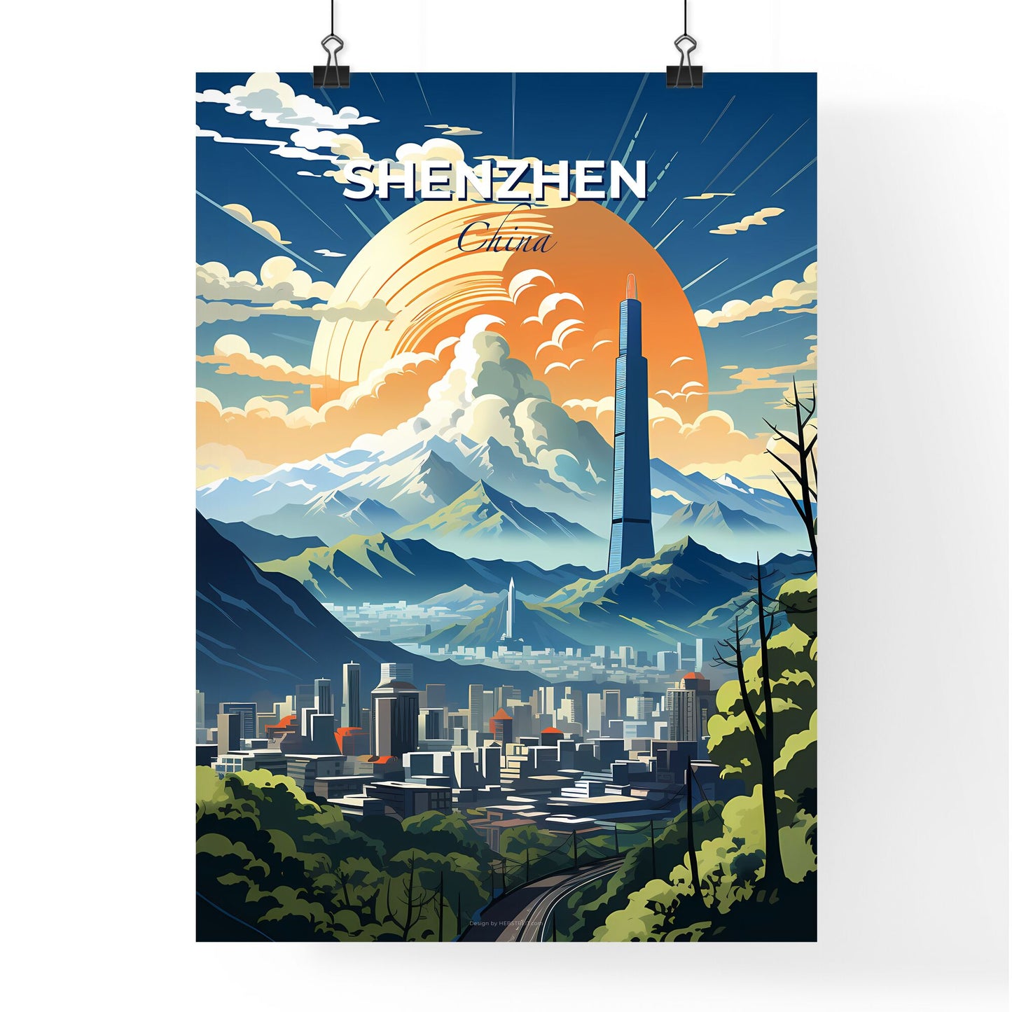 Vibrant Shenzhen Cityscape Painting with Mountains and Trees Landscape Default Title